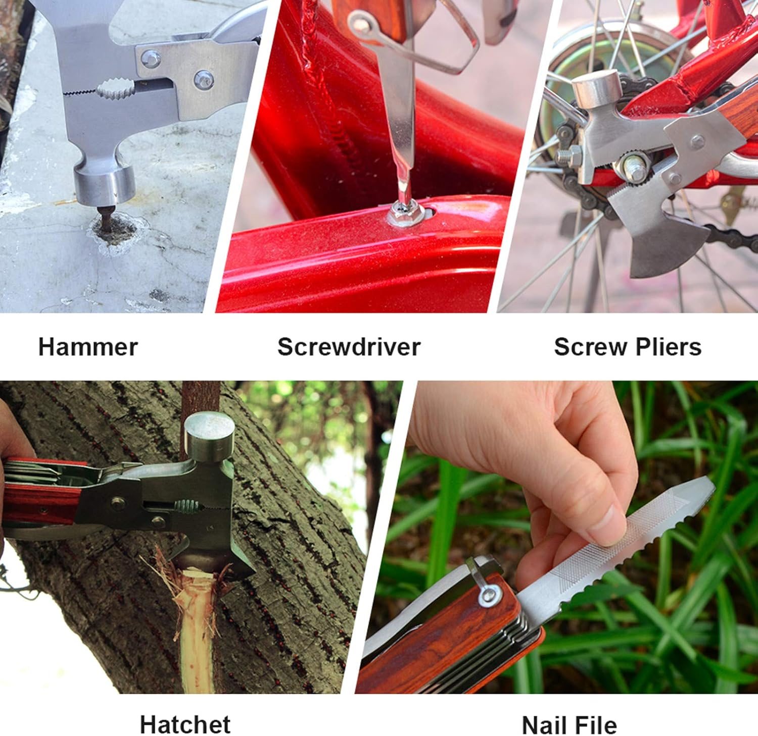 Rose Kuli 7'' Portable Multipurpose Multitool Multifunctional Pocket Mini Tools with Axe Hammer Plier Set Wooden Handle image number 5