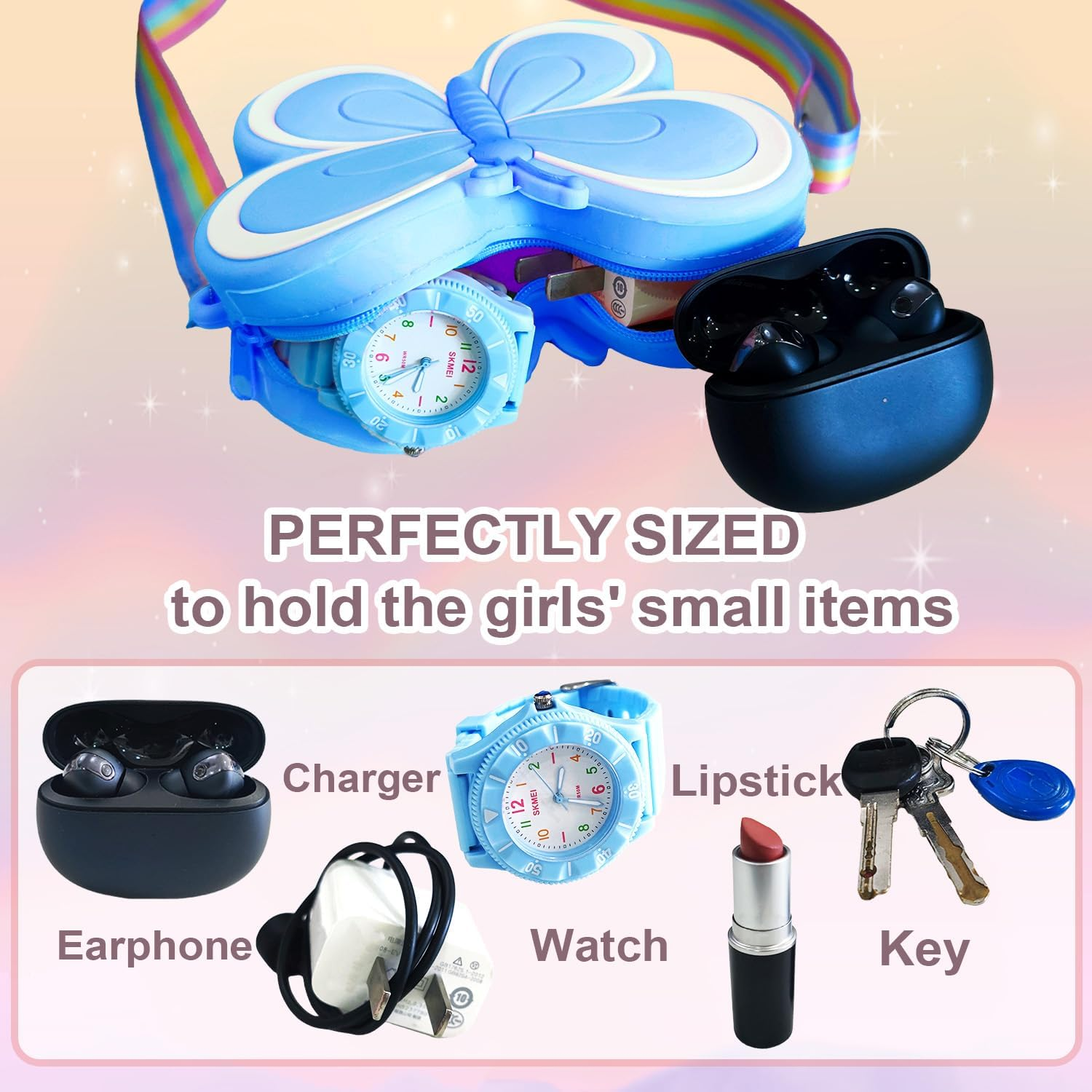 Girls Purse, Toddler Gifts Wallet for Girls, Toddler Crossbody Purse for Little Girls, Cute Mini Wallet, Novelty Small Shoulder Bag/Handbag for Kids with Detachable Strap(Butterfly) (Blue) - Pink image number 2