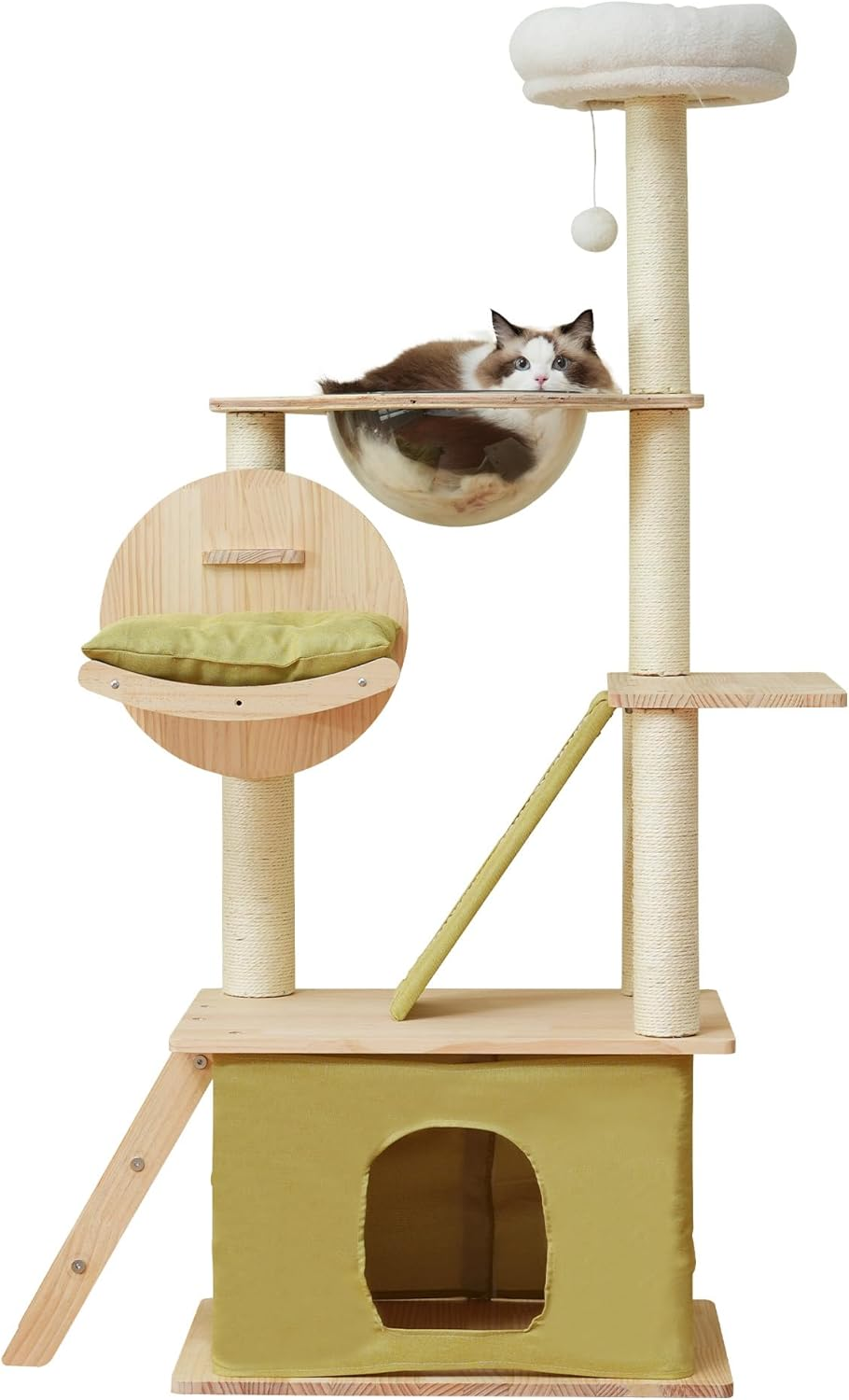 OSJ Cat Tower, Cat Tower, Multi-Headed Tower, Stationary, Slim, Natural Wood, Height 59.1 Inches (150 Cm), Spaceship, Cat House, Claw Sharpener, Toy Included, Easy Assembly, Stylish, Cute, Large Cats, image number 5