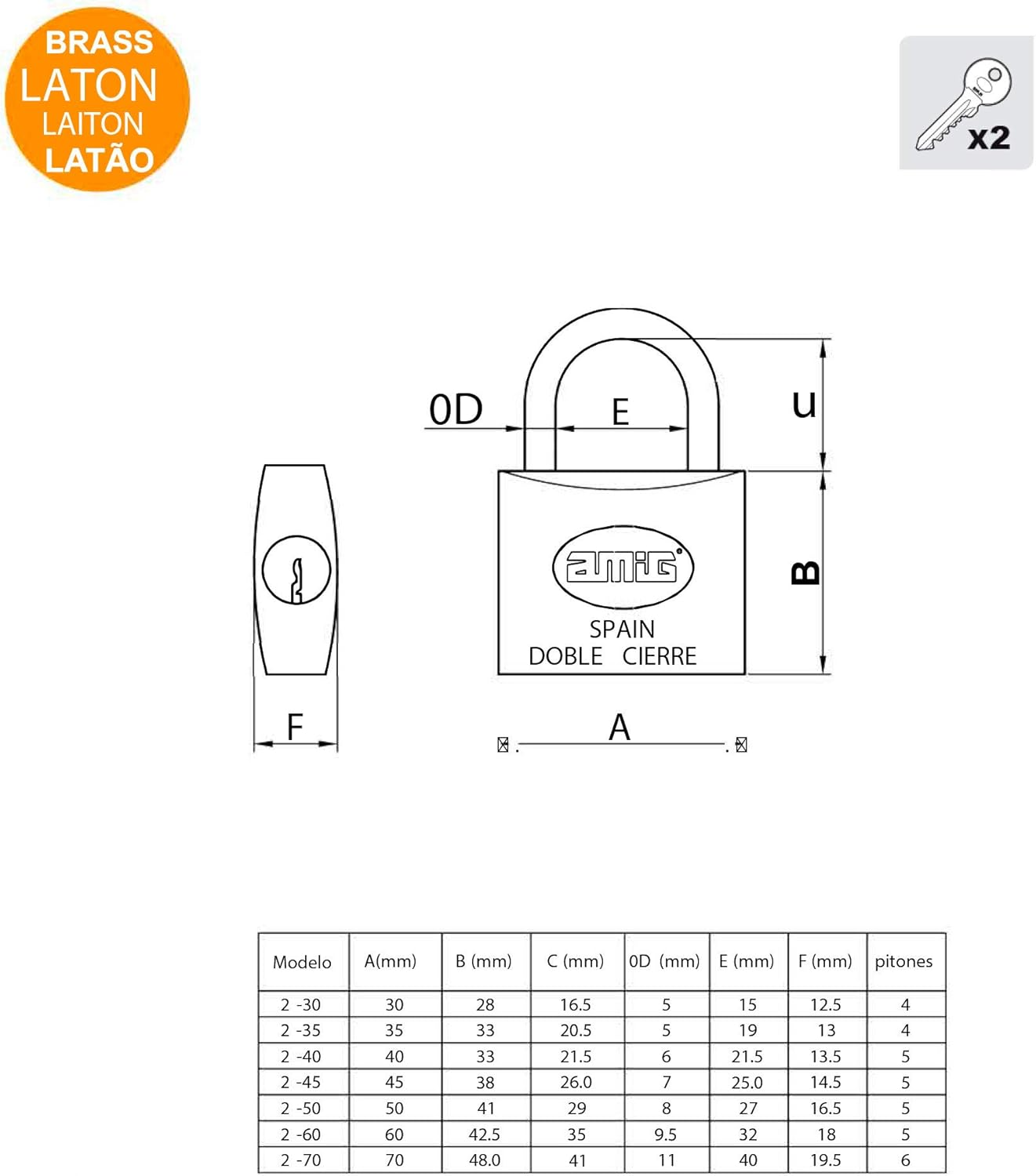 Amig - Security Padlock | Includes 2 Keys | Brass Body with Treated Steel Shackle | Ideal for Gym Lockers, Workshop Doors, Garages | Double Locking Mechanism | Width: 45 Mm image number 2