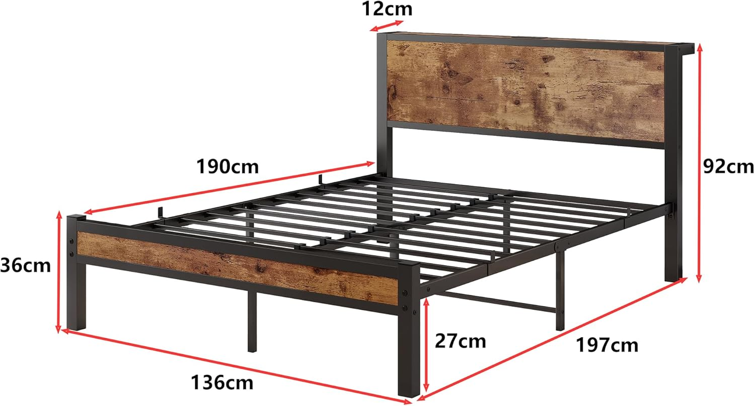 Diolong Double Bed Frame with Storage Headboard Platform Bed Frame Double Size, Metal Bed Base, Brown image number 1
