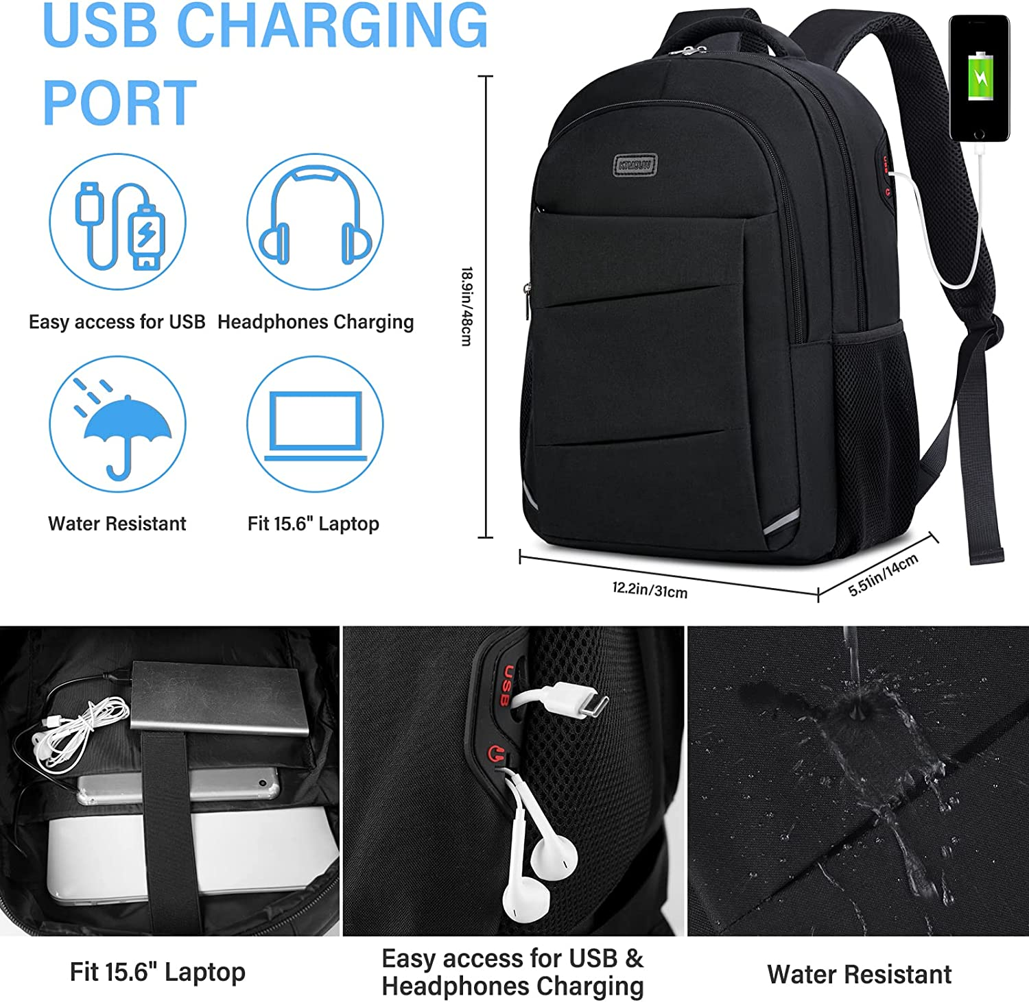 15.6Inch Laptop Backpack, Travel Backpack with USB Charging Port and Headphone Hole for Men and Women, Business Laptop Carry on Luggage Backpack for Business College, Black image number 2