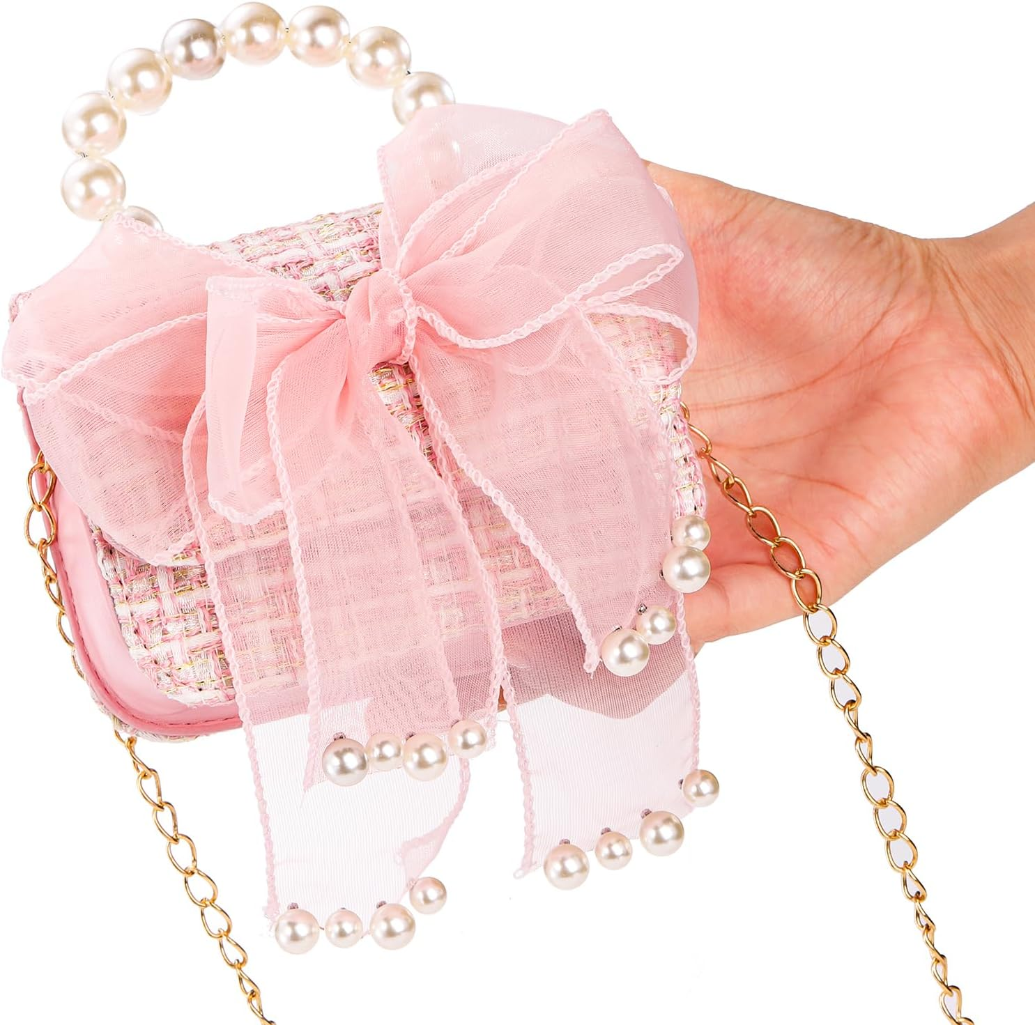 Mezchi 2 Pack Kids Purse for Little Girls, Mini Toddler Crossbody Purse with Bowknot, Cute Fashion Princess Handbags with Pearl Handle, Detachable Gold Chain, Pink, Beige image number 1