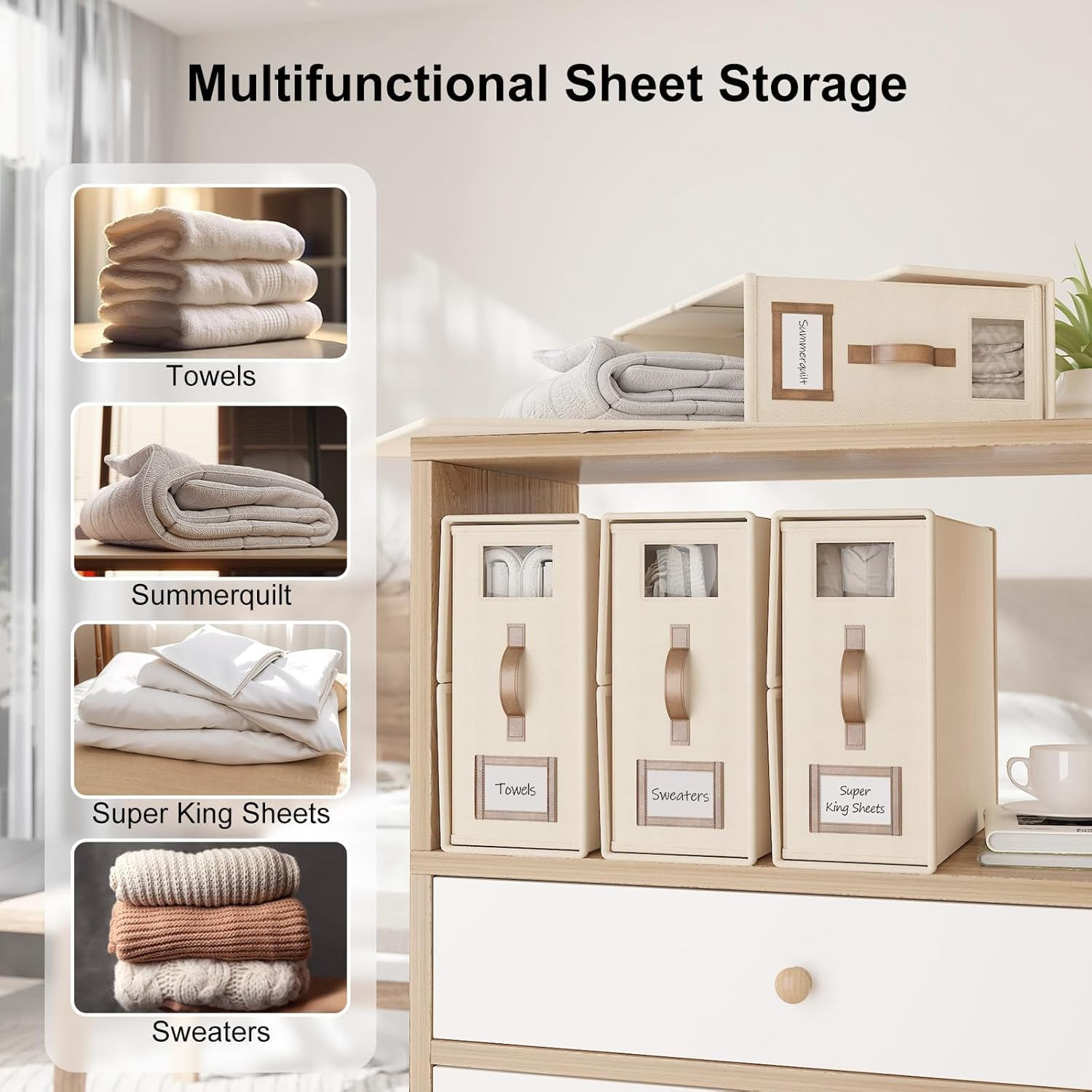 Bed Sheet Organizers and Storage,Foldable Sheet Organizer for Linen Closet,Linen Bedding Storage Box with Leather Handle for Bedsheets,Flannel Blankets,Thin Quilts (Beige, 4 Pack) image number 1