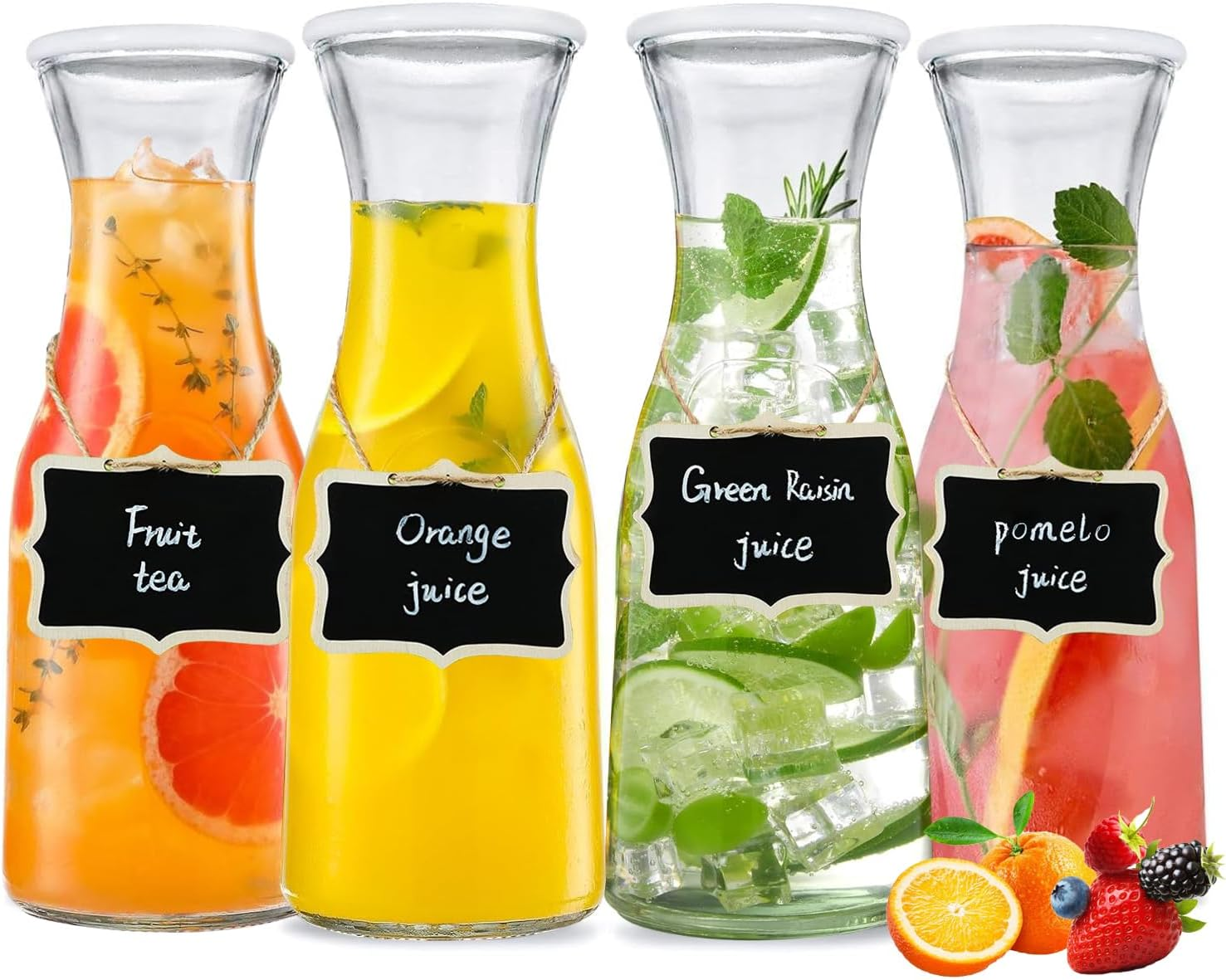 Set of 4 Glass Carafe with Lids, MUVKQC Glass Carafe Pitchers, 1 Liter Water Pitcher Carafe for Mimosa Bar, Brunch, Cold Water, Wine, Iced Tea, Lemonade, Beverage, 34OZ image number 3