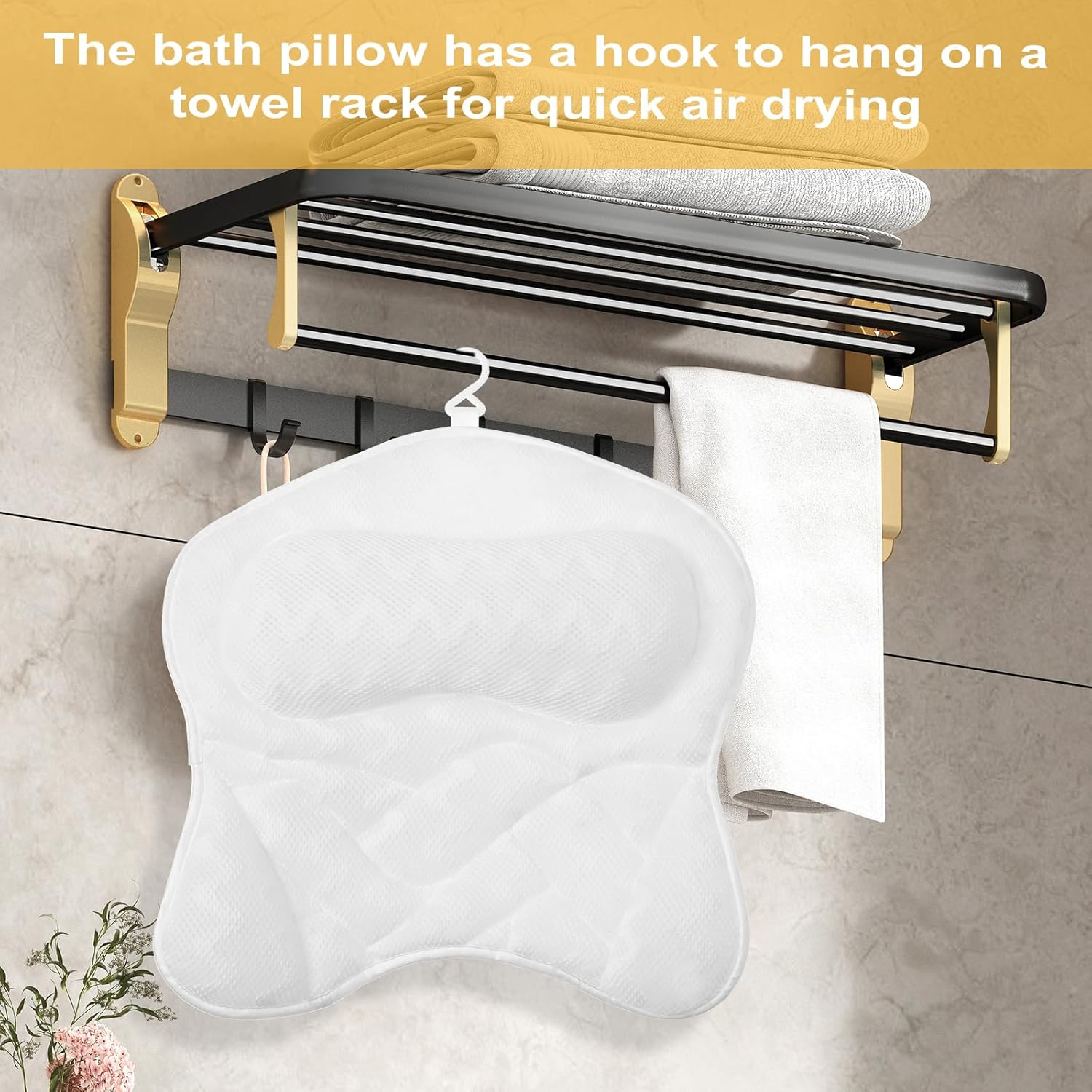 Awobepl Ergonomic Bath Pillow Breathable Air Mesh Bathtub Pillow with 6 Suction Cup and Hook Practical Bathroom Accessories for Neck and Back Support (White) - Black image number 3