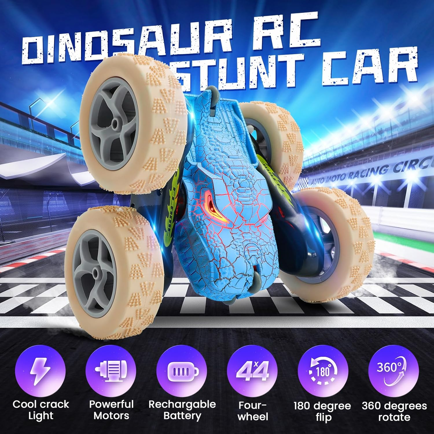 Remote Control Car for Kids &ndash; 2.4Ghz Dinosaur Monster RC Stunt Car - 360&deg; Rotating Drift with LED Lights - Rechargeable 4WD Toy for Boys and Girls Ages 6+ - Indoor/Outdoor RC Vehicle (Blue)