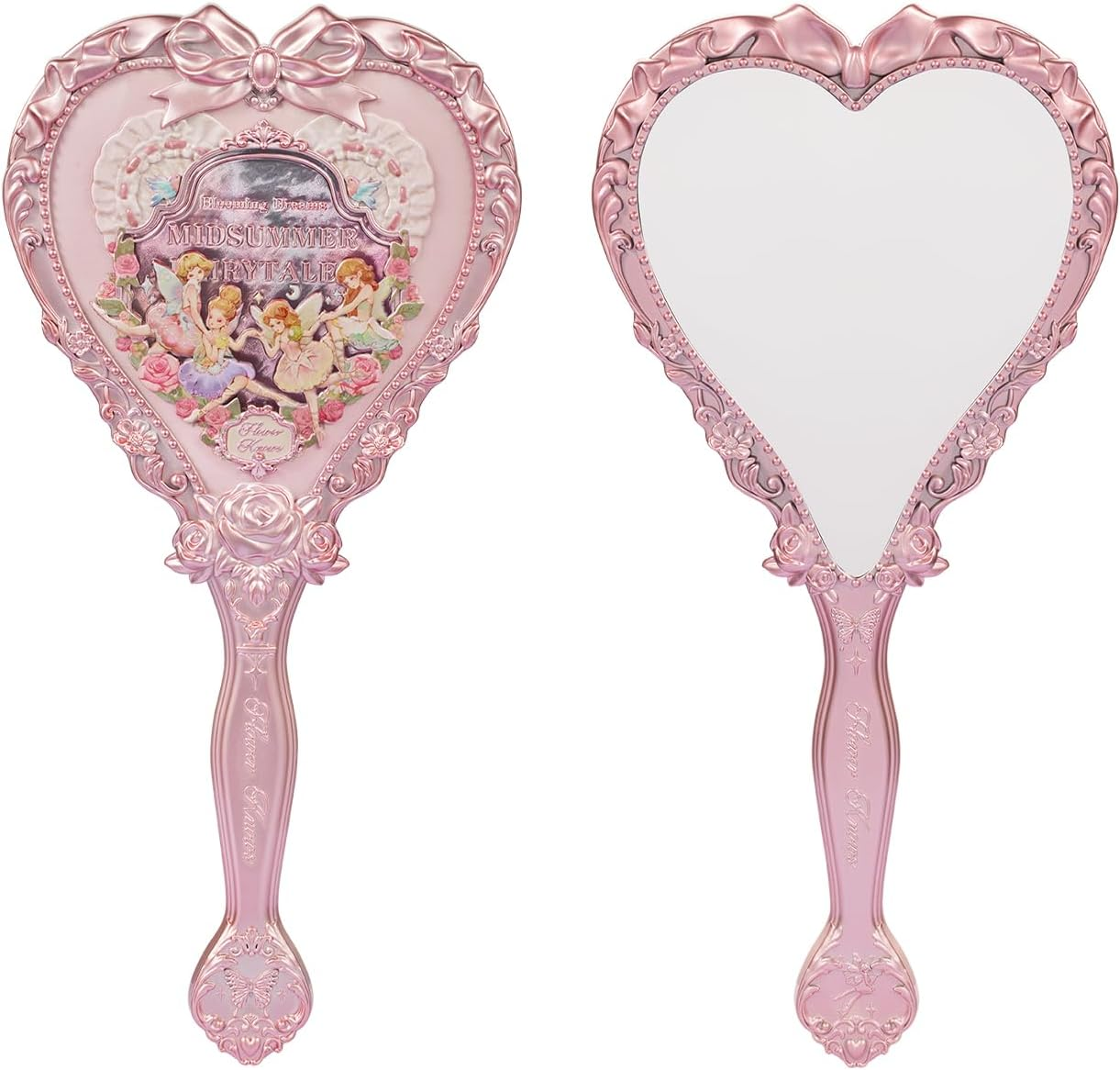 Flower Knows Strawberry Rococo Handheld Mirror, Soft Pink, Gold Frame, 8.6L X 3.9W Inches, Tabletop Mount, Aesthetic Princess Mirror, Perfect for Touch-Ups and Travel