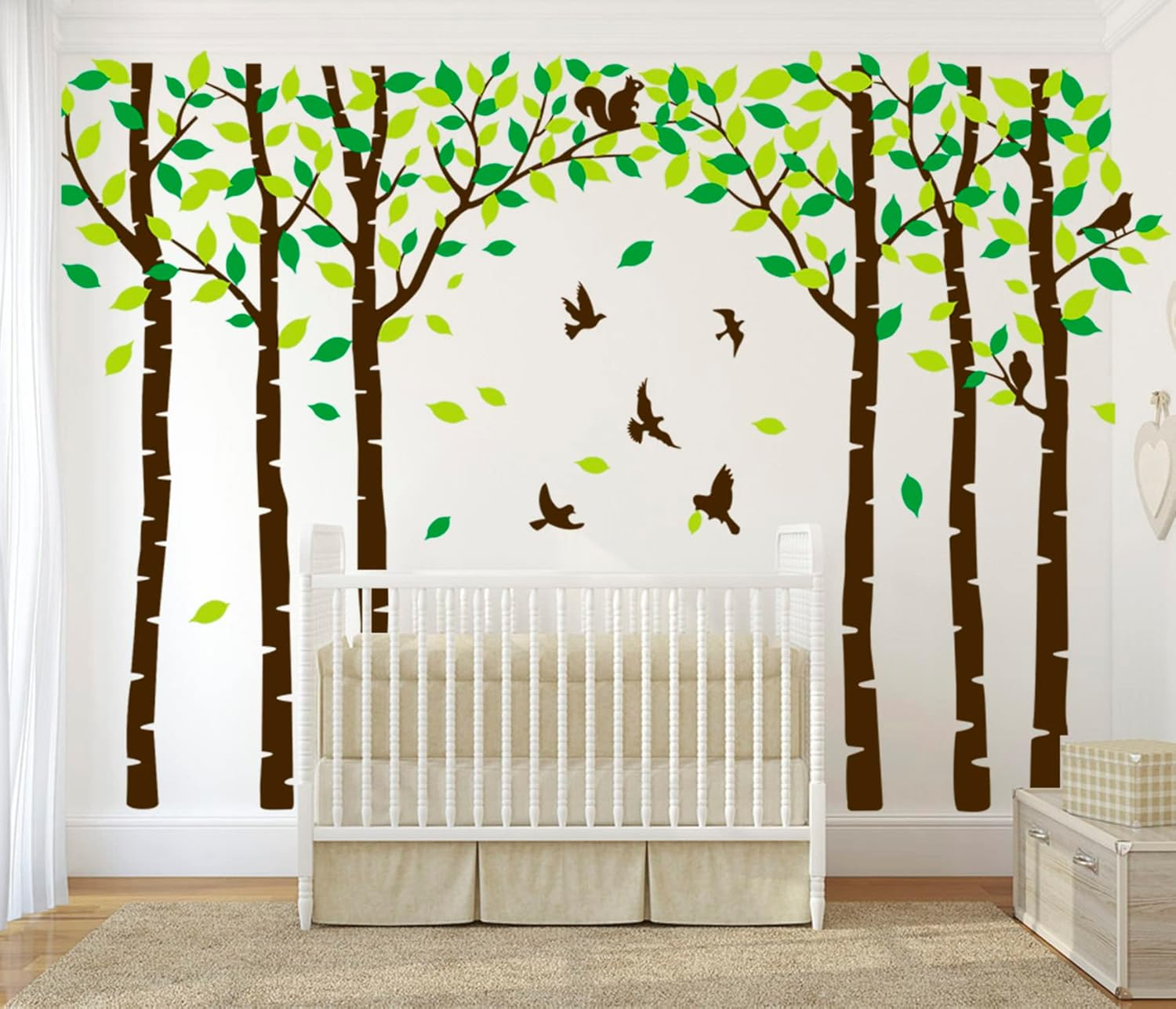Six Birch Tree Wall Decals Birds Cute Squirrel Forest Wall Stickers for Kids Room Nursery Bedroom Living Room Classroom Decoration (Brown,Green) image number 6