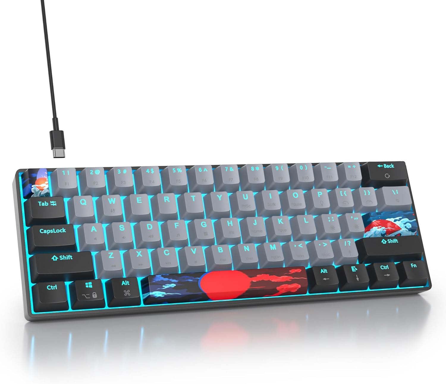 Vumilstek Cool 60% Gaming Keyboard, Compact Mini Wired Mechanical Keyboard 60 Percent with Ice Blue LED Backlit Linear Red Switch PBT Keycaps for Win/Mac PC Gamers(Blue White)