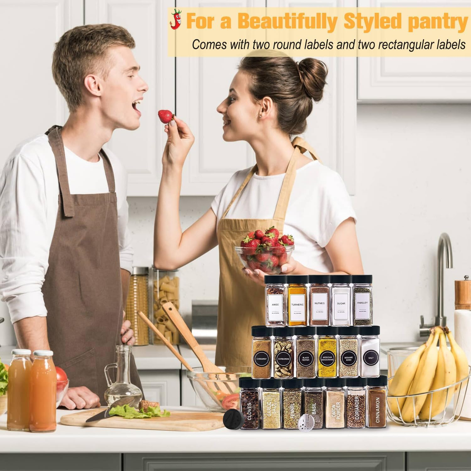 24 Pcs Spice Jars with Labels, Yakiter 120 Ml Glass Spice Jars with Black Seal Lid and Funnel, Kitchen Sealed Storage Jar with Lid, Empty Spice Jar for Kitchen, Cabinets, Drawers (24 Bottles) image number 2