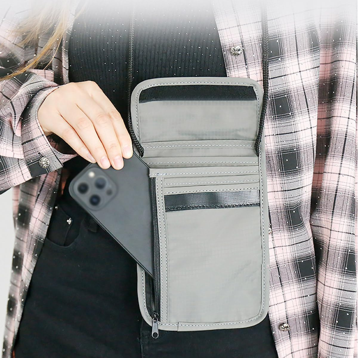 Travel Neck Pouch, Men'S Neck Pouch, for Passport, Cards, Cash, Phone, Hidden Money (Grey)