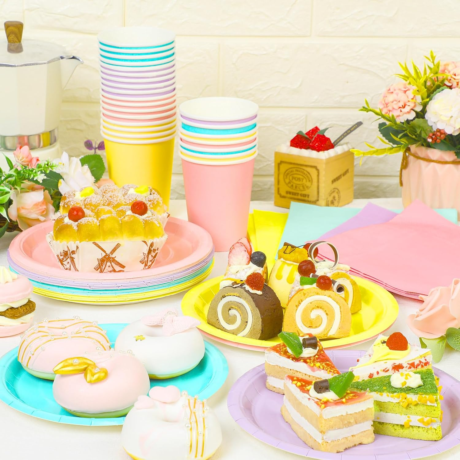 Meekoo 72 Pcs Pastel Party Decorations Birthday Party Paper Plates and Napkins Sets Disposable Macaron Color Party Paper Plates Napkins Cups for Birthday Baby Shower Party(Colorful) - Colorful image number 5