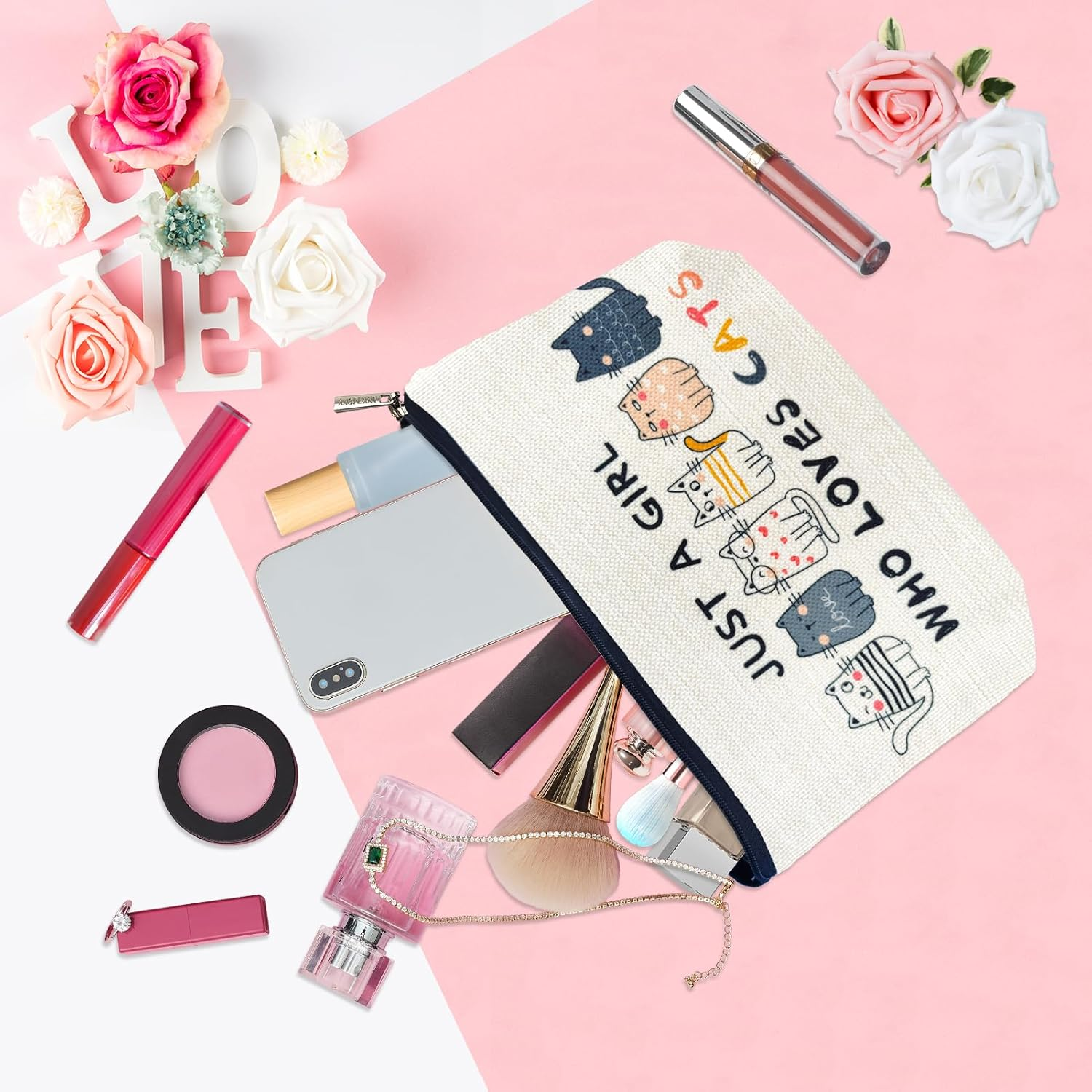 Animal Lover Gifts for Women Girls, Funny Washed Double-Sided Printied Waterproof Linen Small Makeup Bags, Cat Lovers, Makeup Bag for Women - Green image number 3