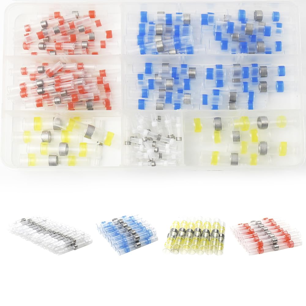 Aikoolwer 100 Pcs Solder Seal Heat Shrink Butt Connectors Waterproof Wire Kit Electrical Terminals Solderless Insulated Wire Splice Cable Marine Automotive Boat Truck
