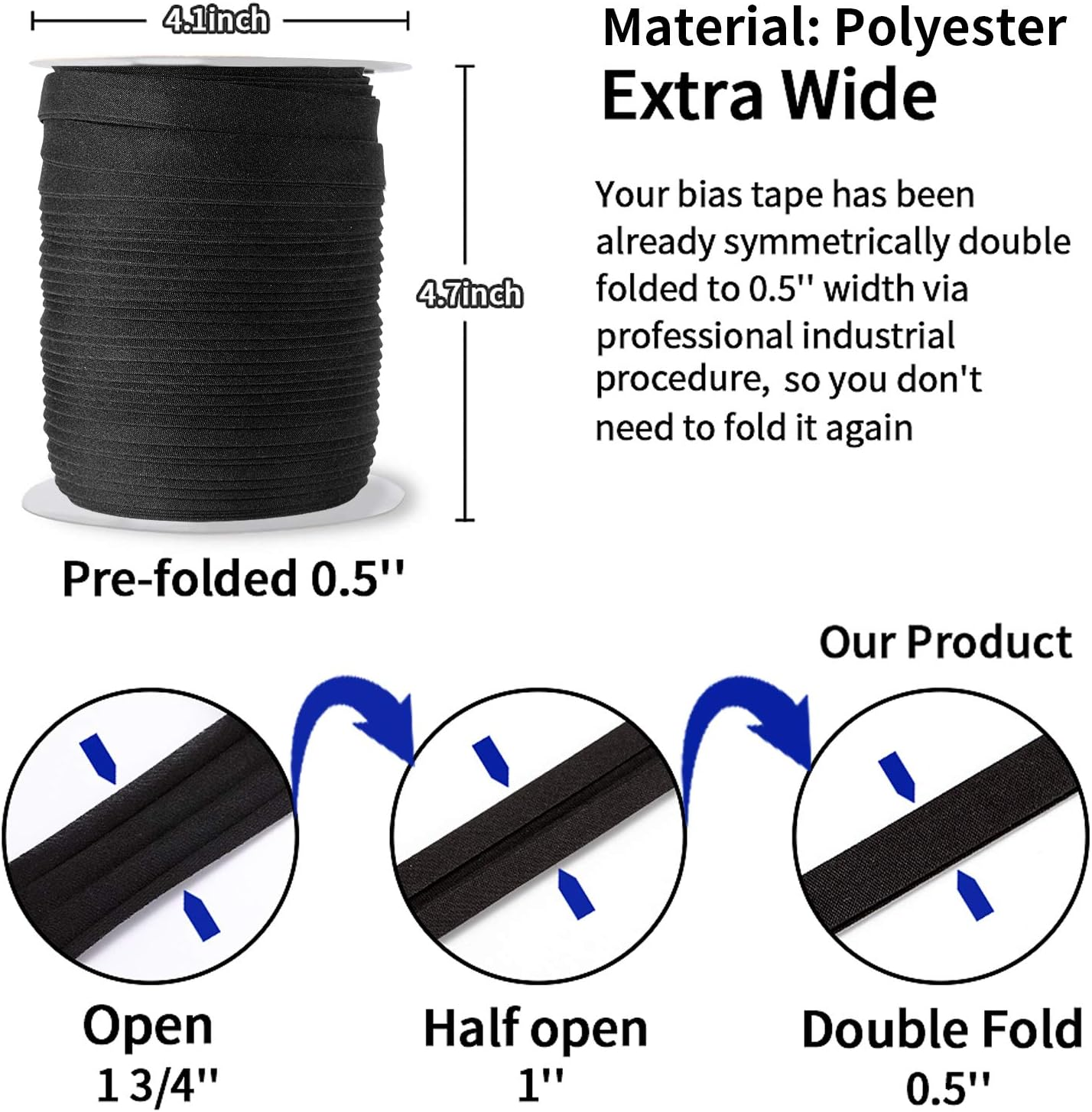 Bias Tape Double Fold 1/2 Inch, Double Fold Bias Tape 55 Yards Continuous Bulk Spool for Apparel Sewing, Quilting, Binding, Decorating, DIY Craft, Polyester, Non-Stretch (13Mm, 50 Meters, Black) image number 2