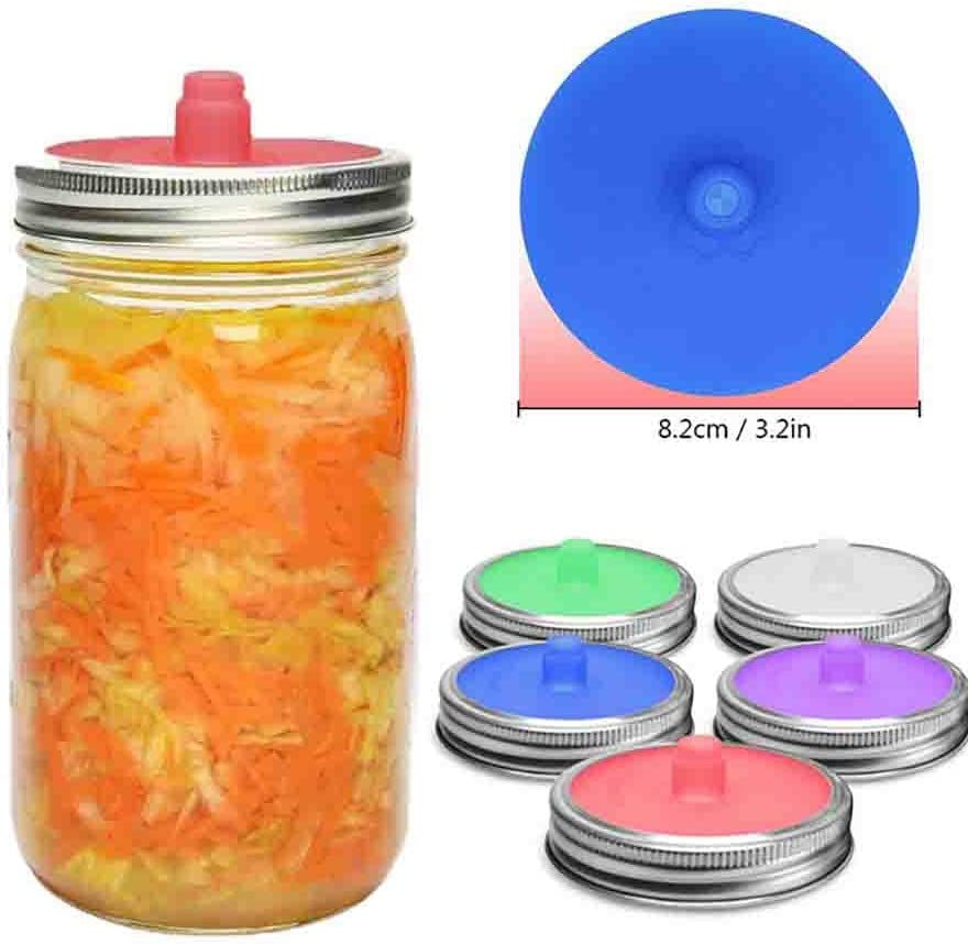 5 Sets Silicone Waterless Airlock with Silver Mason Jar Rings, Fermentation Caning Rings with Silicone Pickle Tube, Suitable for Making Sauerkraut, Kimchi in Wide-Mouth Glass Bottles image number 5
