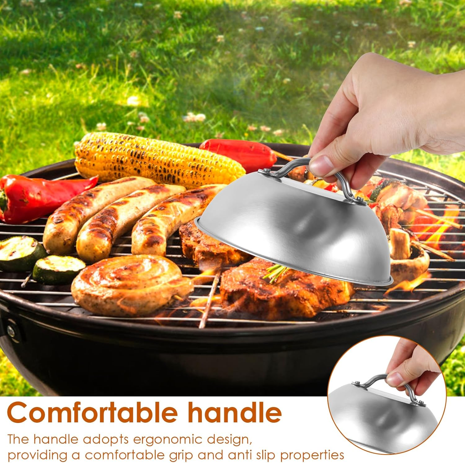 Burger Cloche Covers Kit to Melt Cheese Easy to Clean Solid Stainless Steel Steaming Domes Set Non Slip round Basting Cover Grilling Melting Domes Set for Party Use image number 1