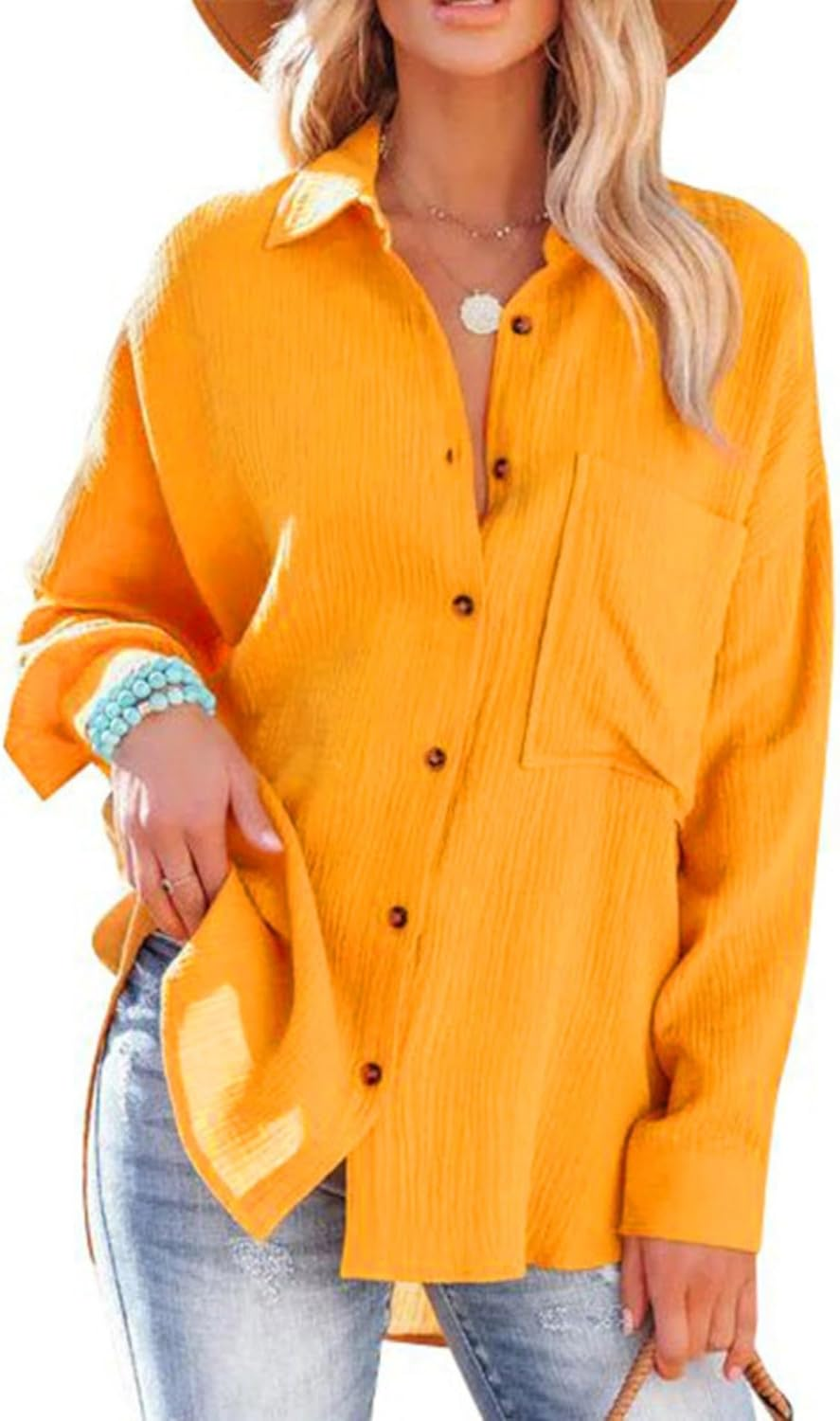 Women'S Beach Wear Long Sleeve Shirt Casual Collared Shirt Loose Blouses Button down Shirts with Front Pocket image number 4