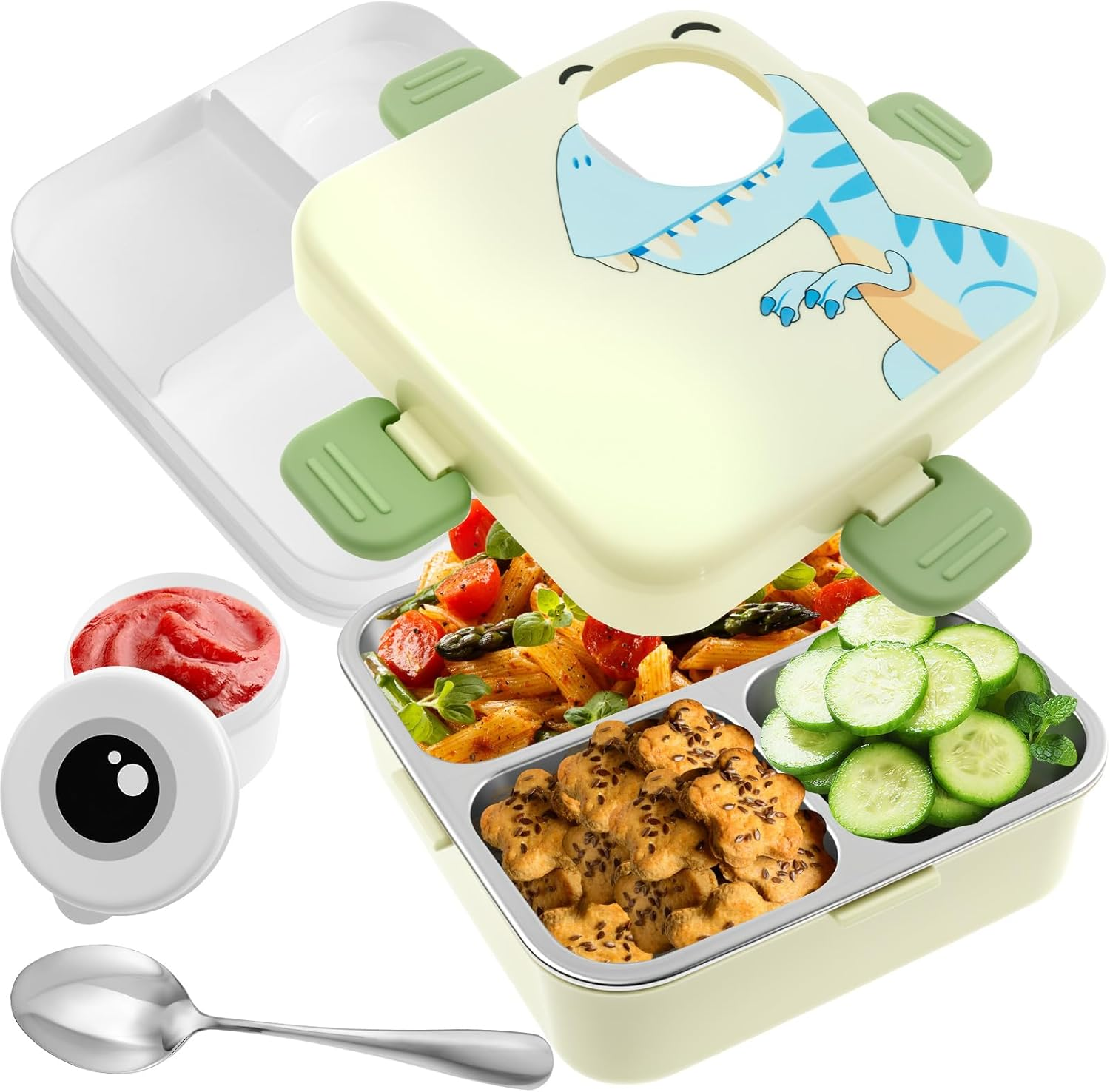 Stainless Steel Toddler Lunchbox, with Lid for Kids Double Layer Lunchbox Food with Compartments Microwave Safe for School Camping Travel (Green)