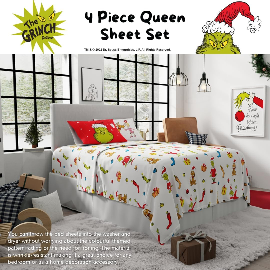Franco Collectibles Dr. Seuss the Grinch Holiday & Christmas Bedding Super Soft Microfiber 4 Piece Queen Sheet Set, (Officially Licensed Product)
