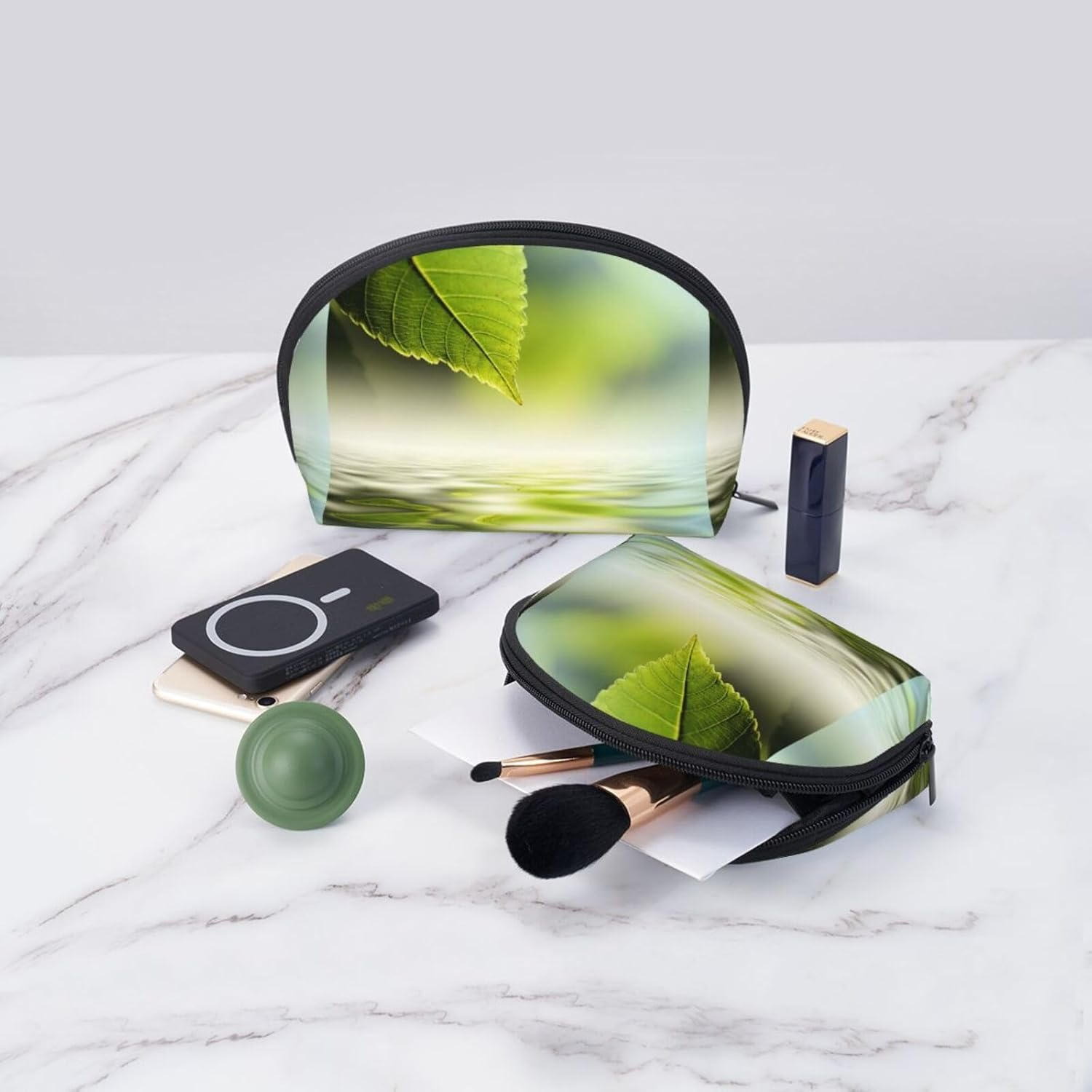 Cozimangoe Coin Pouch Makeup Bags Set, 2 Piece Shell Shape Cosmetic Bag with Pockets for Daily Travel Handbag Lipstick Keys Toiletry, Personalized Green Leaf Reflecting in River Water image number 3