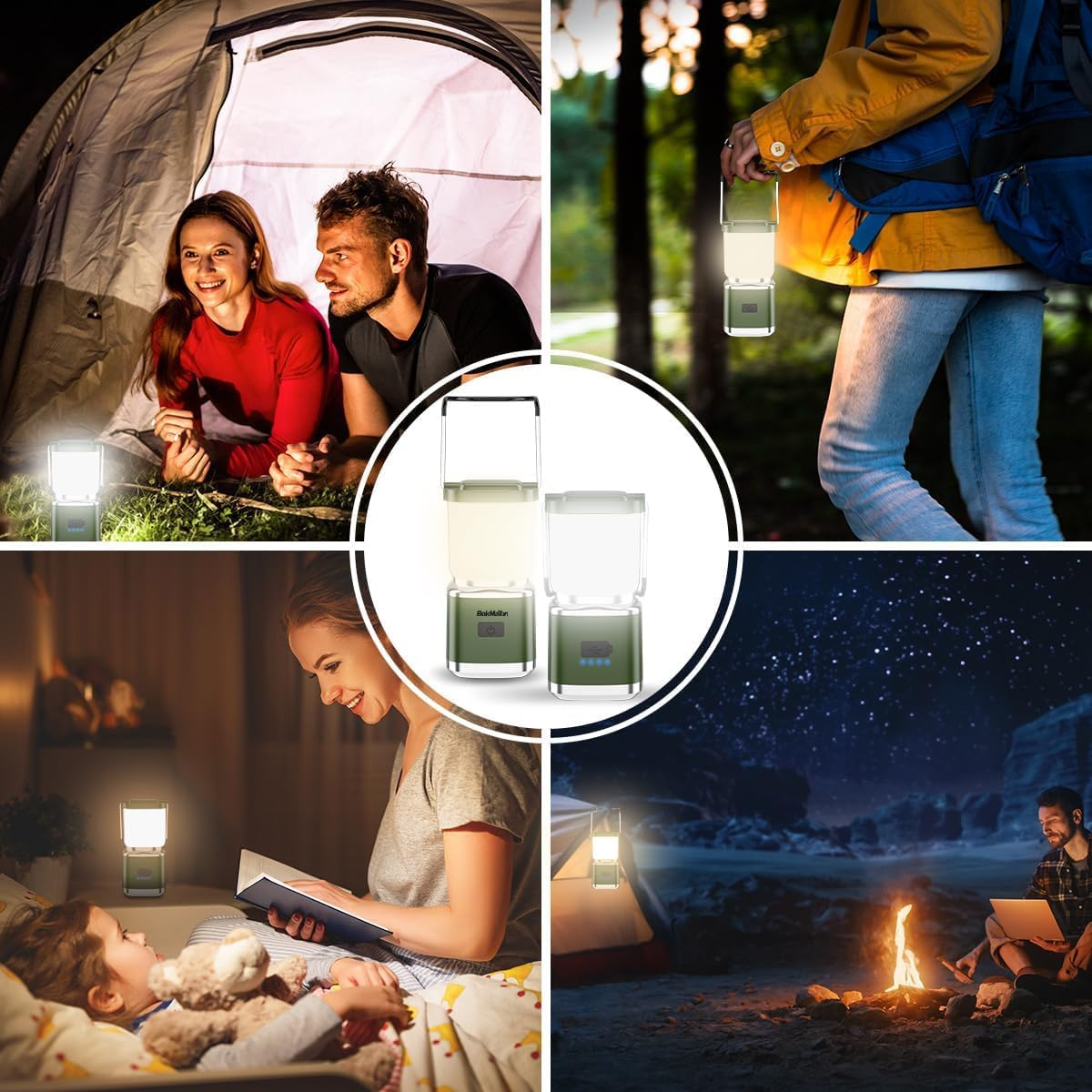 Bokmaton Portable Camping Lantern Rechargeable -4Inch, 400Lm LED Camping Lights Lantern &6Hours Runtime& Stepless Dimming, Emergency Lights for Power Outages, Waterproof Camping Lamp (Cream White) - Army Green image number 2