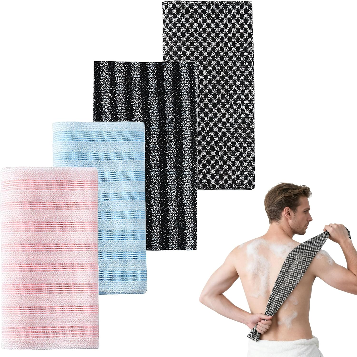 4PCS Exfoliating Shower Towel, African Net Sponge, Exfoliating Body Scrubber, Long Washcloth Back Body Shower Towel for Men Women image number 1