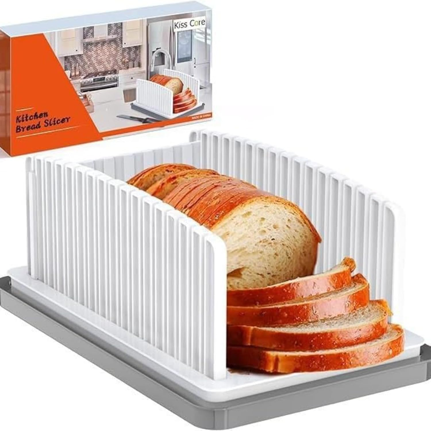 RODISHOMM Adjustable Bread Slicer with Crumb Catcher Tray, Foldable Bread Cutting Guide for Homemade Bread, Loaf Cakes, Sandwiches &ndash; Width & Thickness Adjustable, Kitchen Counter Clean Tool