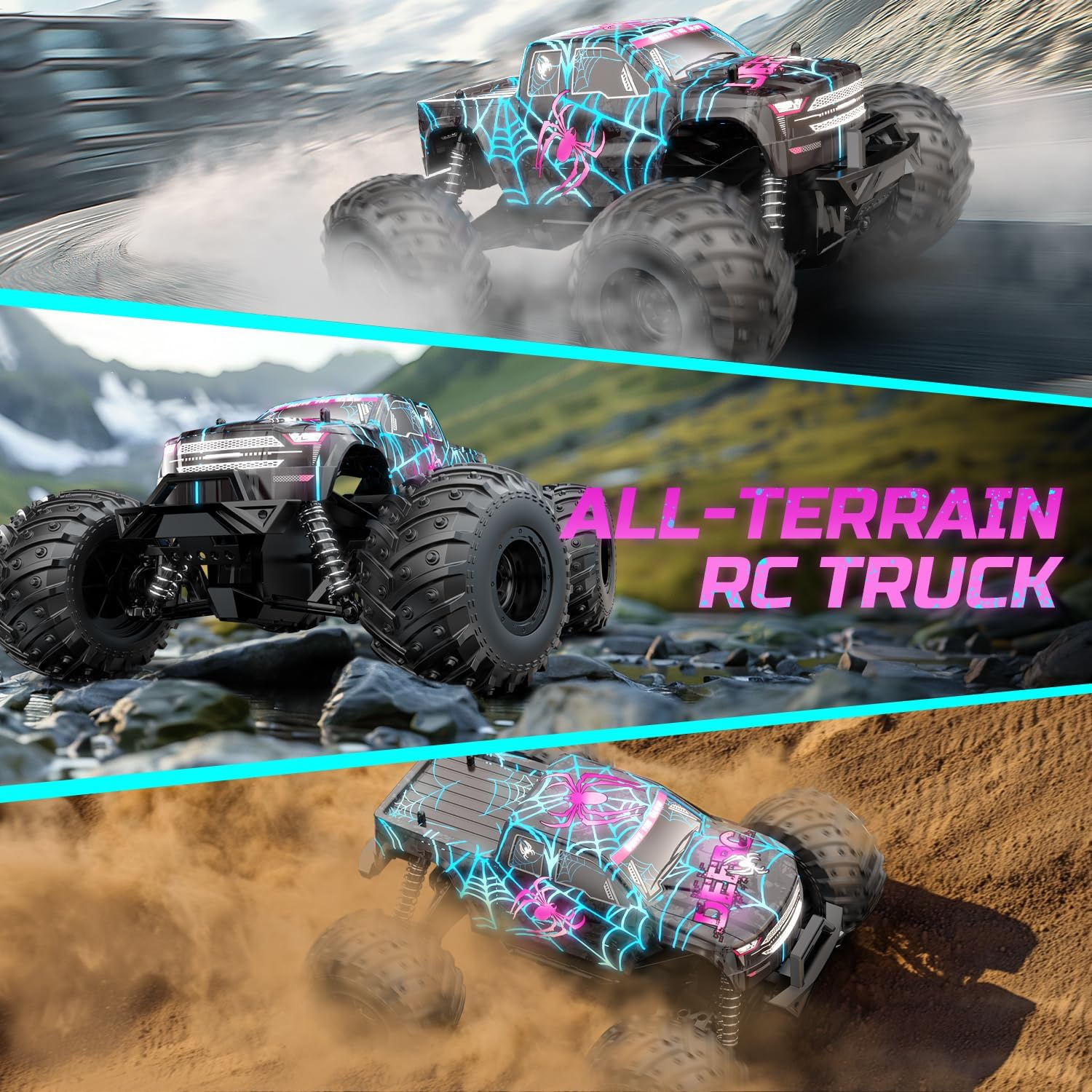 DEERC 1/16 Glowing Spider Remote Control Car - 15KM/H Fast RC Cars W/2 Rechargeable Batteries for 30 Mins Play, All Terrain Off-Road Monster Truck Toys for Boys Kids Age 4-7 8-12 image number 4