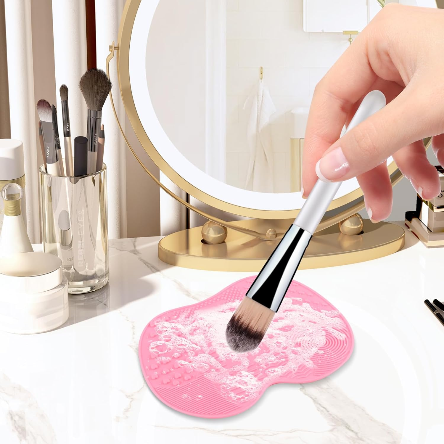 QBXMY7 2 Pcs Silicone Make up Brush Cleaning Mat, Cosmetic Cleaning Pads,Makeup Brush Cleaner Mats, Portable Washing Tool with Suction Cup for Makeup Cosmetic Brushes-Green/Pink image number 5