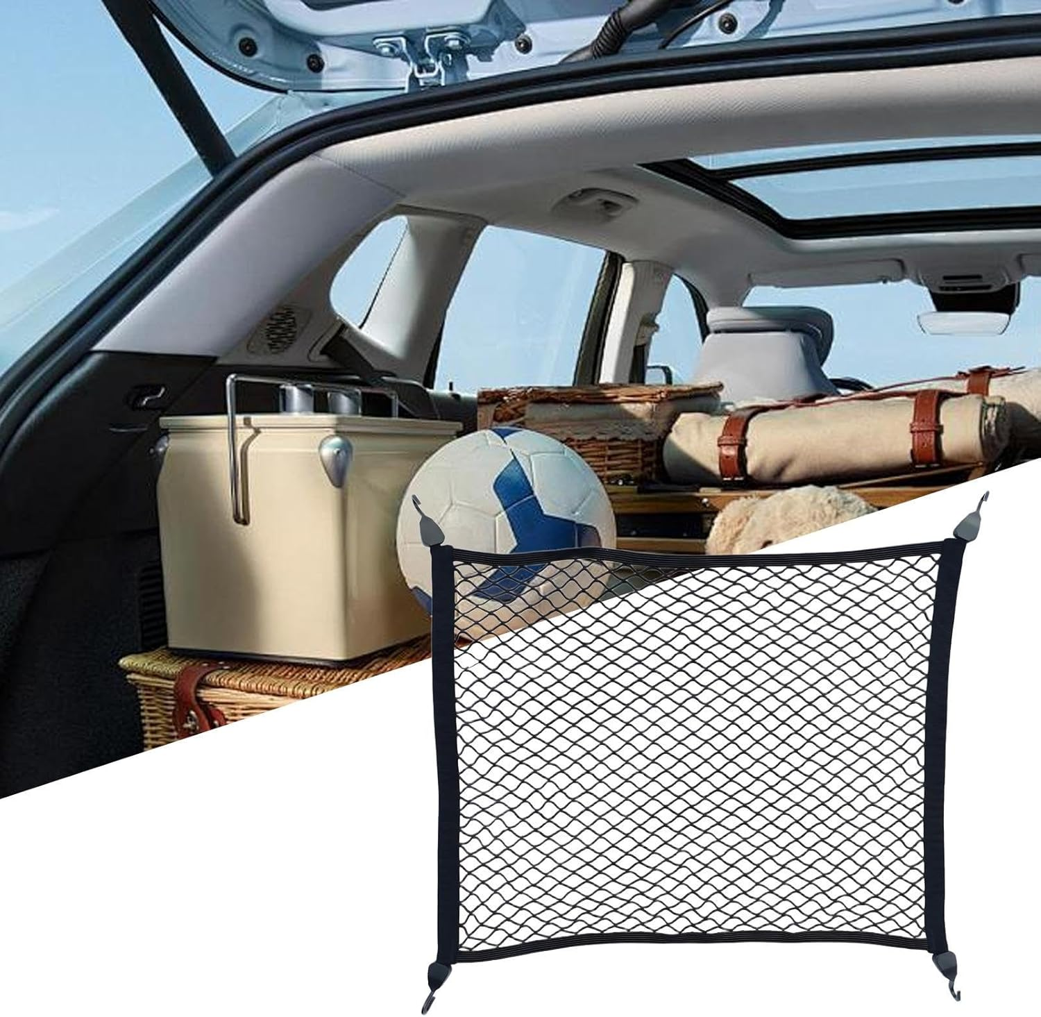Cargo Net - 60X70Cm Car Boot Net | Automobile Trunk Mesh Organizer Netting | High Elasticity, Space-Saving, Wear Resistant, Automobile Organization for Travel, Camping Gear, and Daily Car Use image number 2