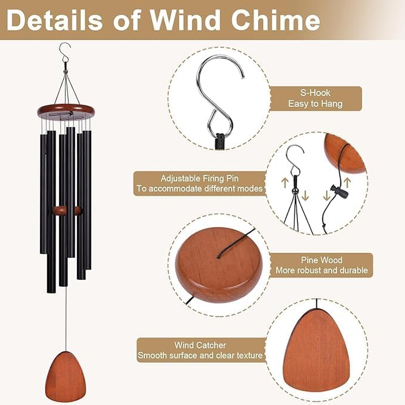 Wind Chimes with 6 Tuned Tubes & Pendant, Large Sympathy Wind-Chime, Classic Memorial Wind Chime for Outdoor Indoor Personalized Decor, Smooth Melodic Wind Chime for Garden Patio Balcony Home (Black) - Silver image number 5