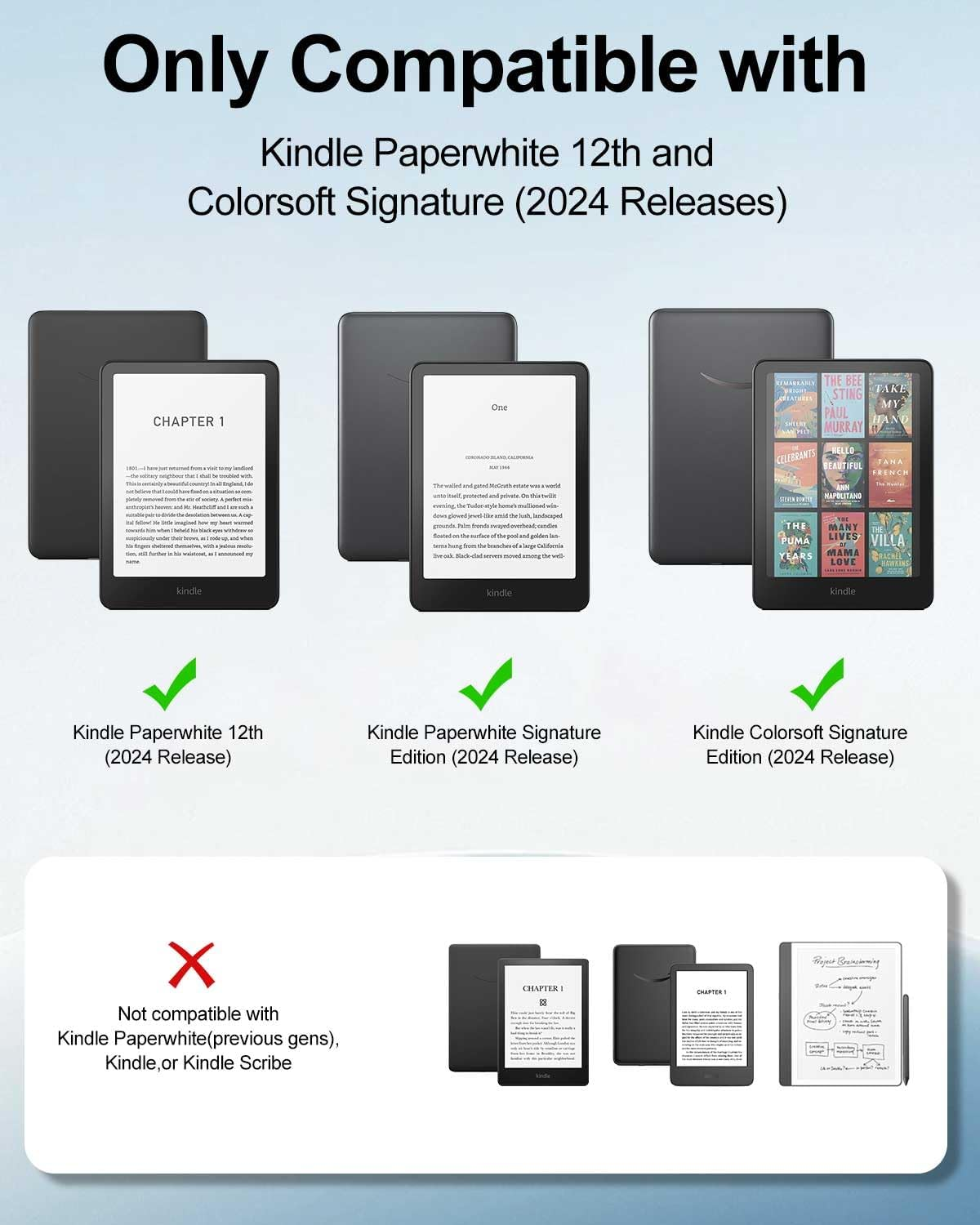 T Tersely Clear Back Slimshell Leather Case for 7" All-New Kindle Paperwhite 12Th 2024 or Kindle Colorsoft 2025 1St Signature Edition, Transparent Shockproof Magnetic Shell Cover - Matcha - Blue image number 5