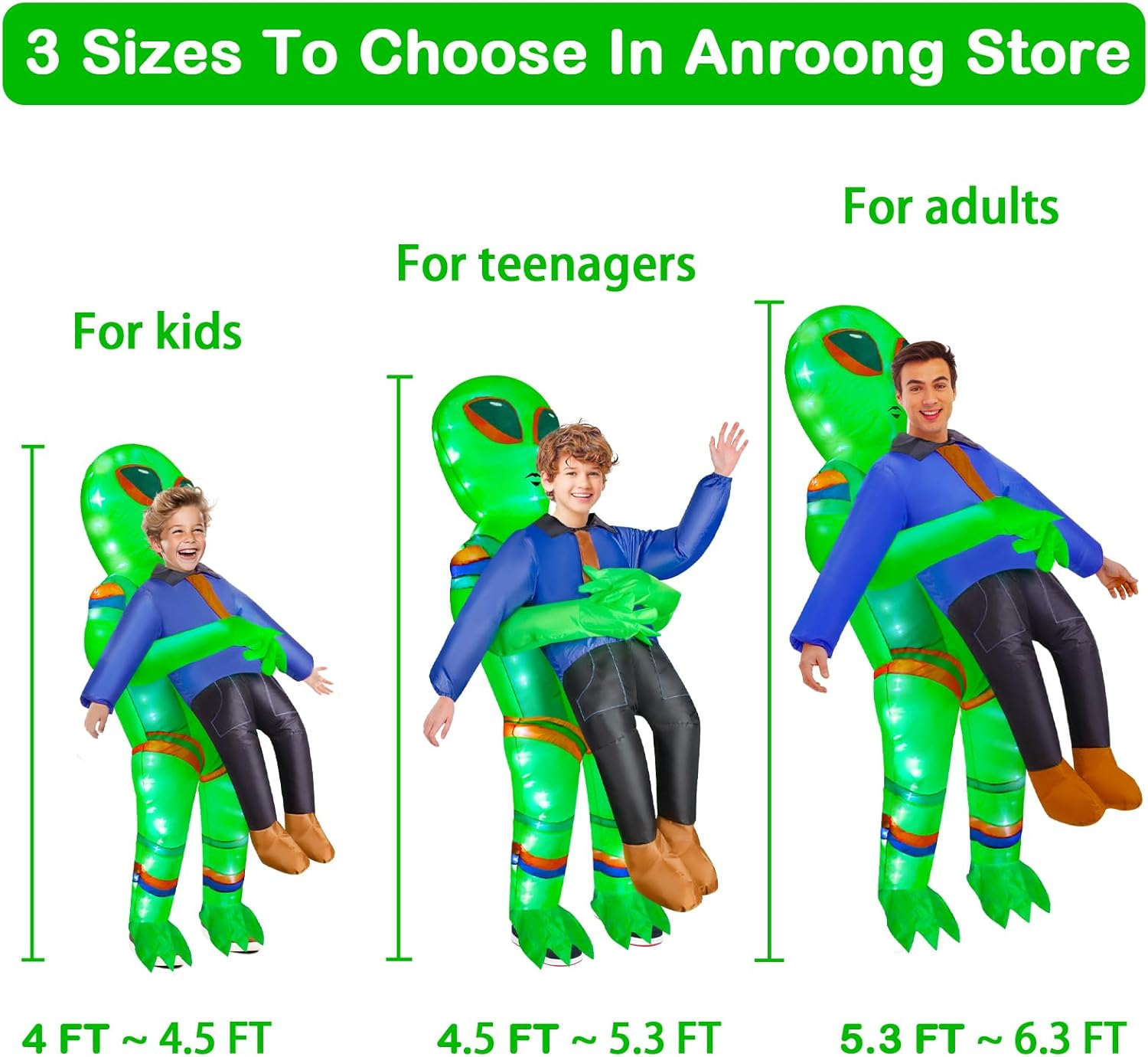 Inflatable Alien Costume for Adult Kids with LED Lights Blow up Lighted Alien Abduction Halloween Costumes Cosplay Party image number 2