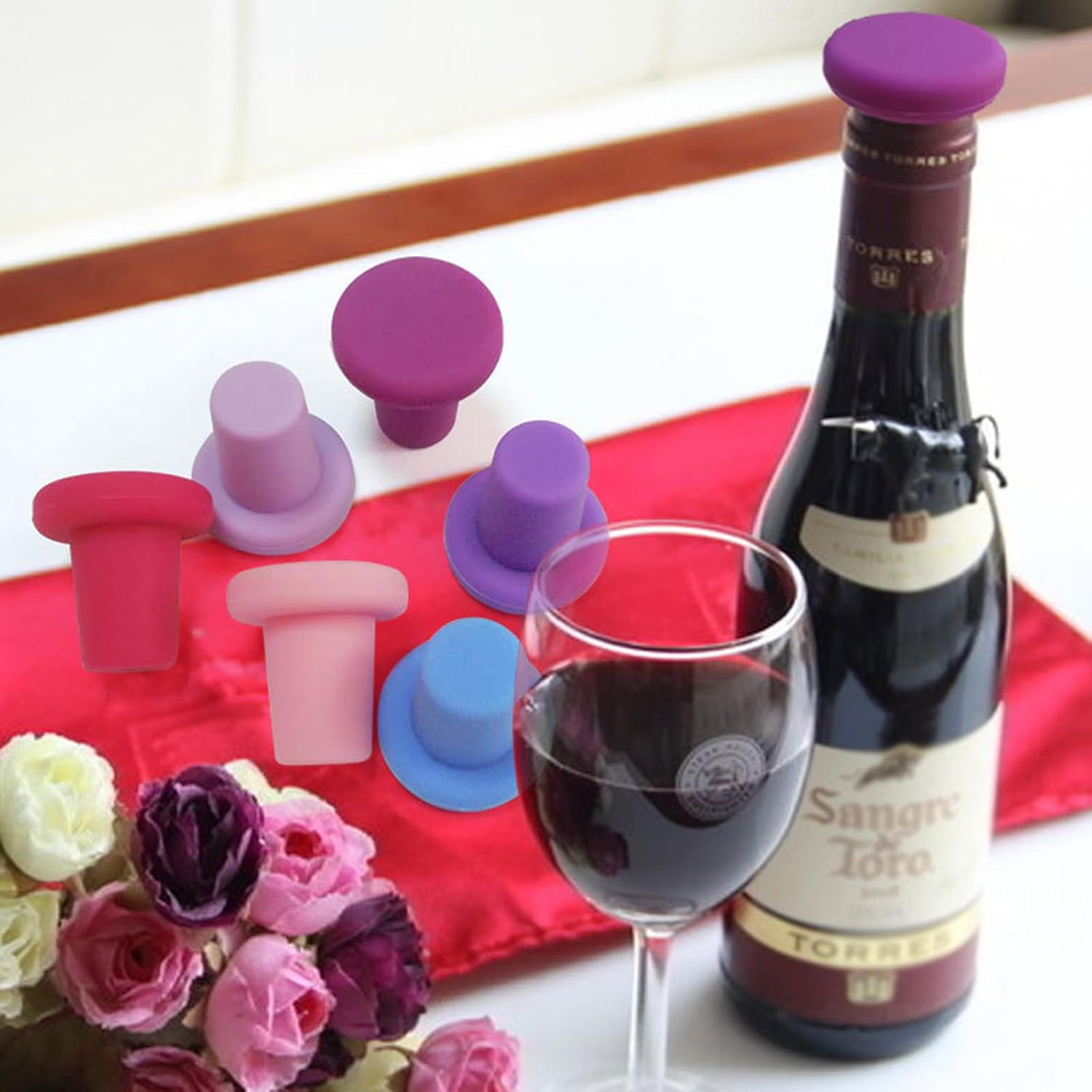 Reusable Wine Bottle Stoppers,Bottle Cover with Food Grade Silicone Wine Cap Sealer Stopper Wine Preserver Wine Accessories Beverage Bottle Stoppers, 6 Pack image number 1