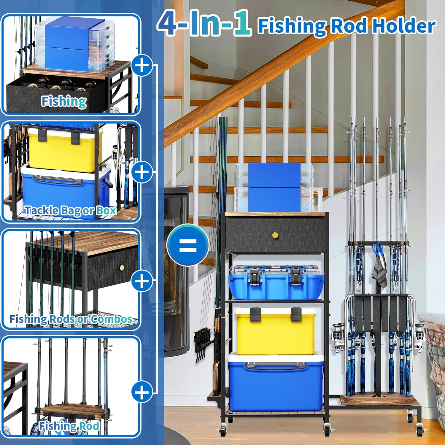 Fishing Rod Holders for Garage, 360&deg;Rotating Fishing Pole Holders, Fishing Rod Rack Cart Holds up to 12 Rods, Fishing Rod Storage Stand Equipment Organizerfor Men image number 5
