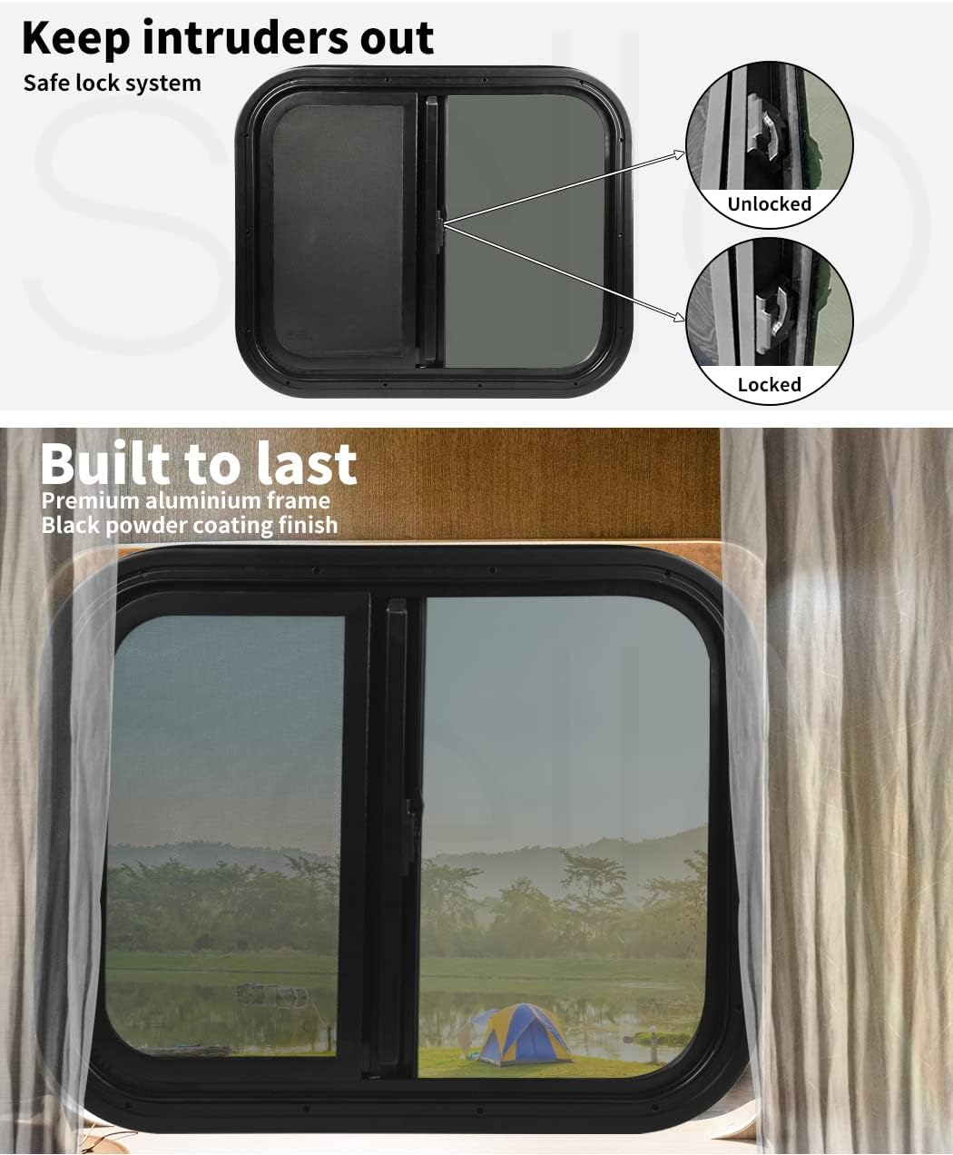 Manan Sliding Windows Caravan Motorhome Float Horse RV UTE Camper Yacht Safe Lock Waterproof, Thermalproof, Scratchproof, Soundproof, Protection Uvproof, 60Cmx50Cm(Black)
