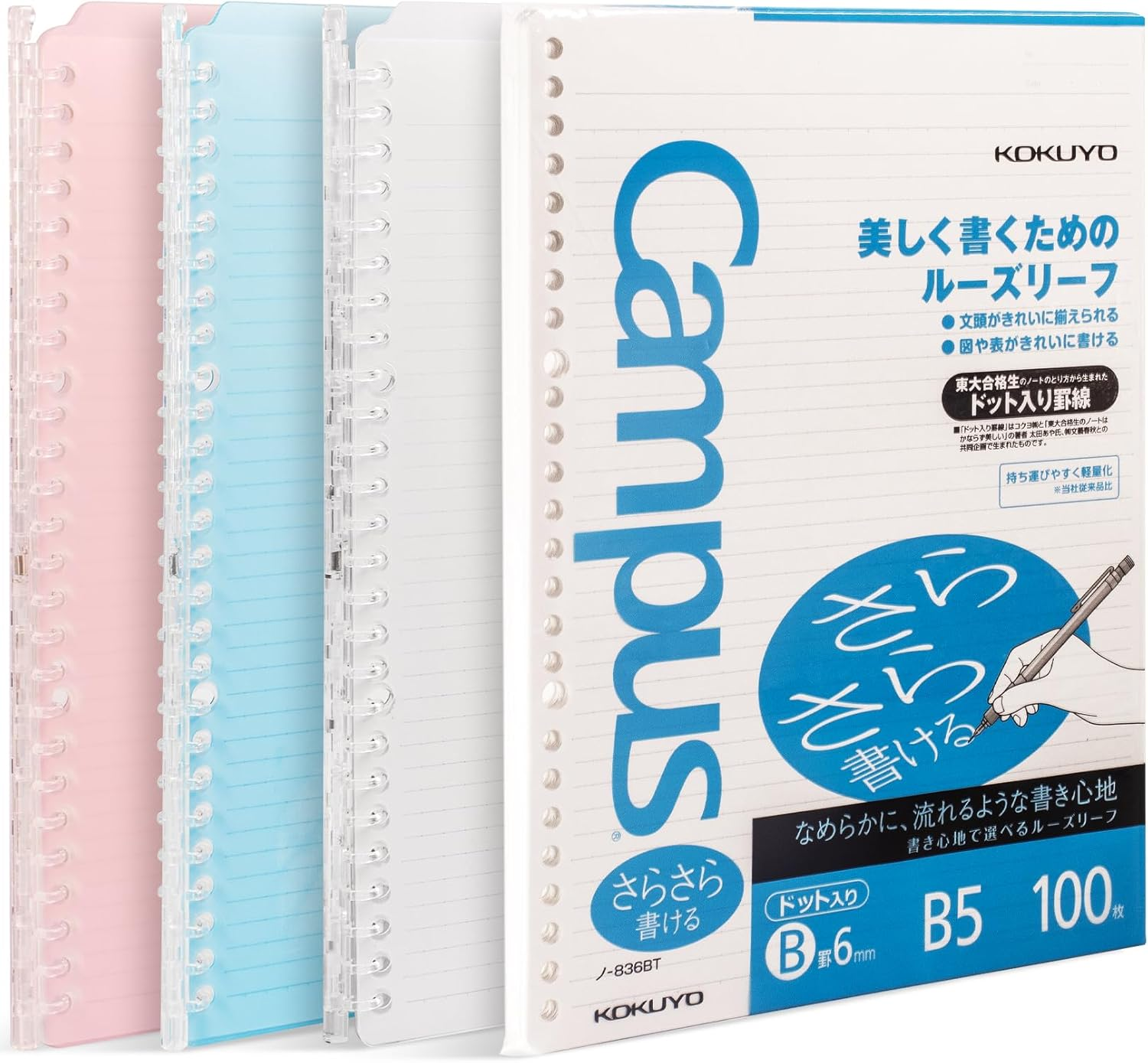 Kokuyo Campus Smart Ring Binder, up to 25 Sheets, B5, 26 Holes (Clear, Light Blue, Light Pink & 100 Sheets Paper Set) image number 2