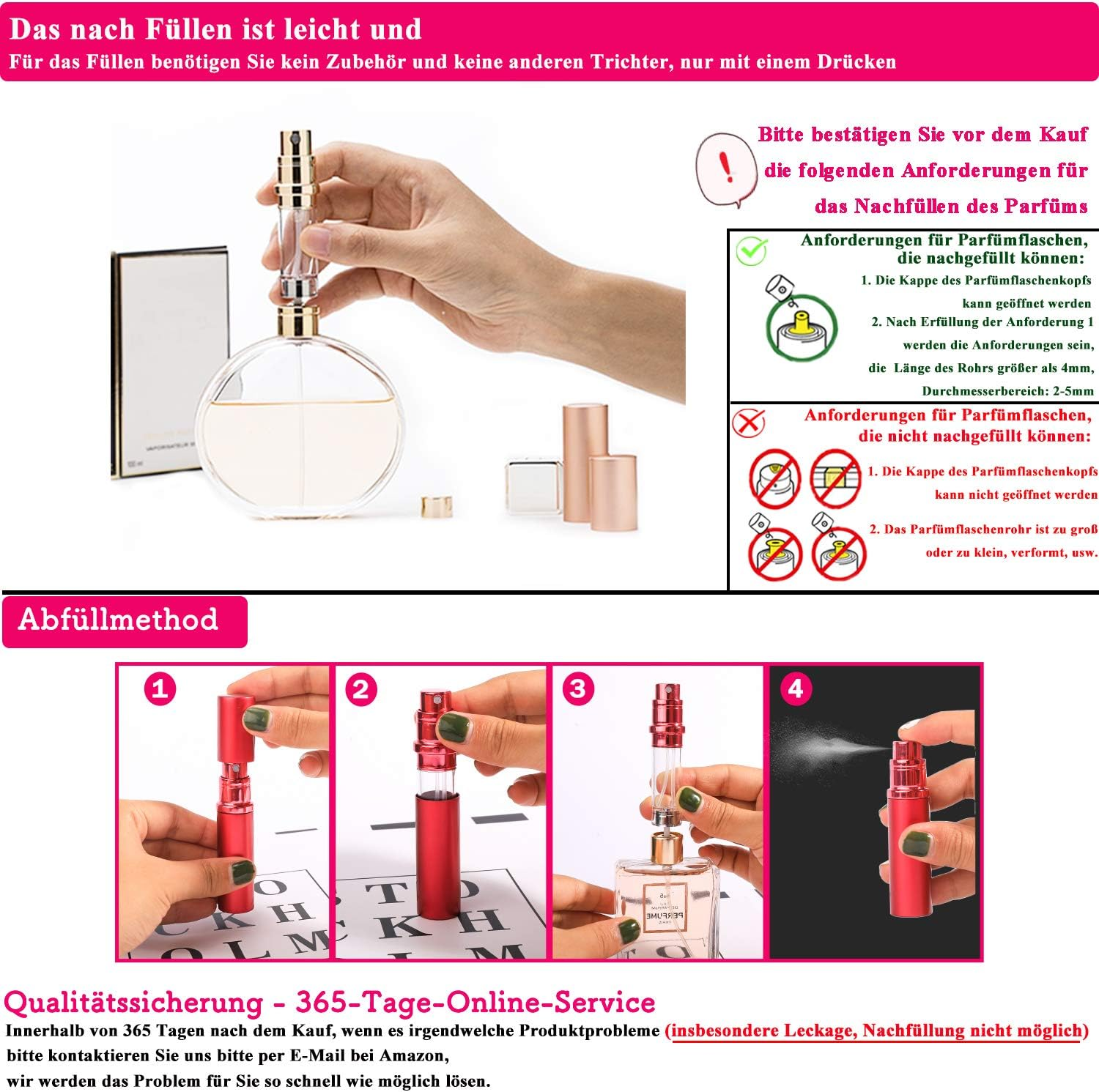 Asanana Perfume Atomiser, Refillable, Filling Technology without Funnel, Empty Perfume Atomiser, Spray Bottle for Travel, Handbag, Travel, 5 Ml (Red) image number 2