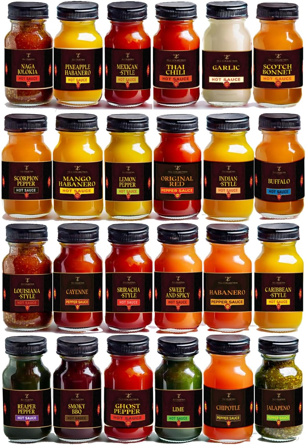 Tilz, Hot Sauce Gift Sets |24 Hot Sauce Bottles, Sampler, Chilli Sauce, Food Gifts for Men |Sriracha, Jalapenos, Garlic, Cayenne Pepper, ⁠Scotch Bonne, ⁠BBQ, Chipotle |Christmas Gifts Men, Women image number 5