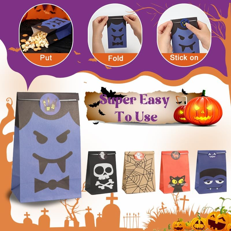 Halloween Paper Bags, 24 Pcs Halloween Goodie Bags, Trick or Treat,Treat Bag for Wrapping, Party Favor, Decration, Candy, Cookie Bag 18X10X6Cm image number 6