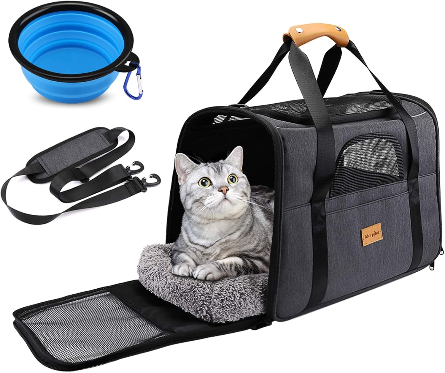 Morpilot Portable Pet Carrier with Top Opening, Breathable Mesh - Foldable Transport Bag for Dogs and Cats up to 20Lbs - Includes Shoulder Strap and Pet Bowl image number 6
