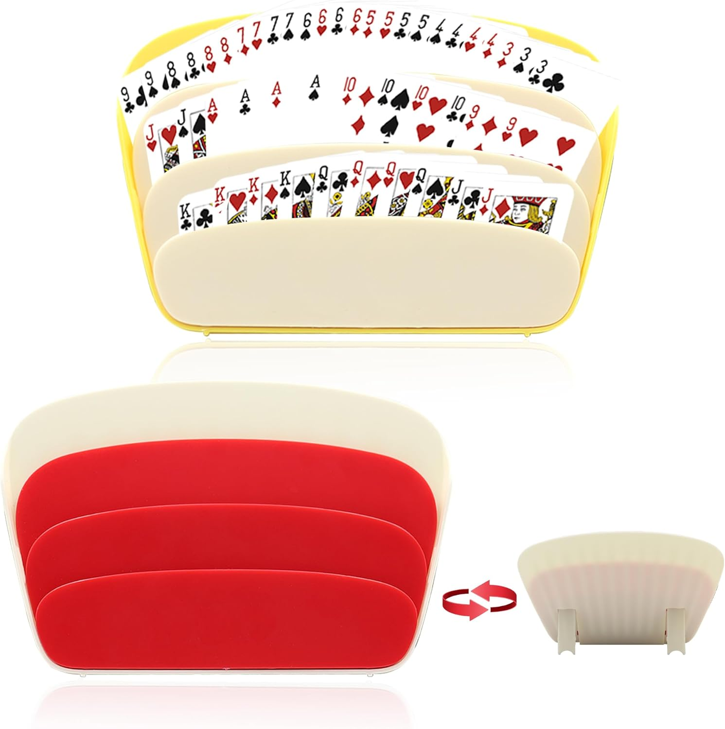 Card Holders for Playing Cards, 2 PCS Playing Card Holders for Adults, 3 Layers Design Game Card Holder for Poker Parties, Family Card Game Nights (Red, Yellow)