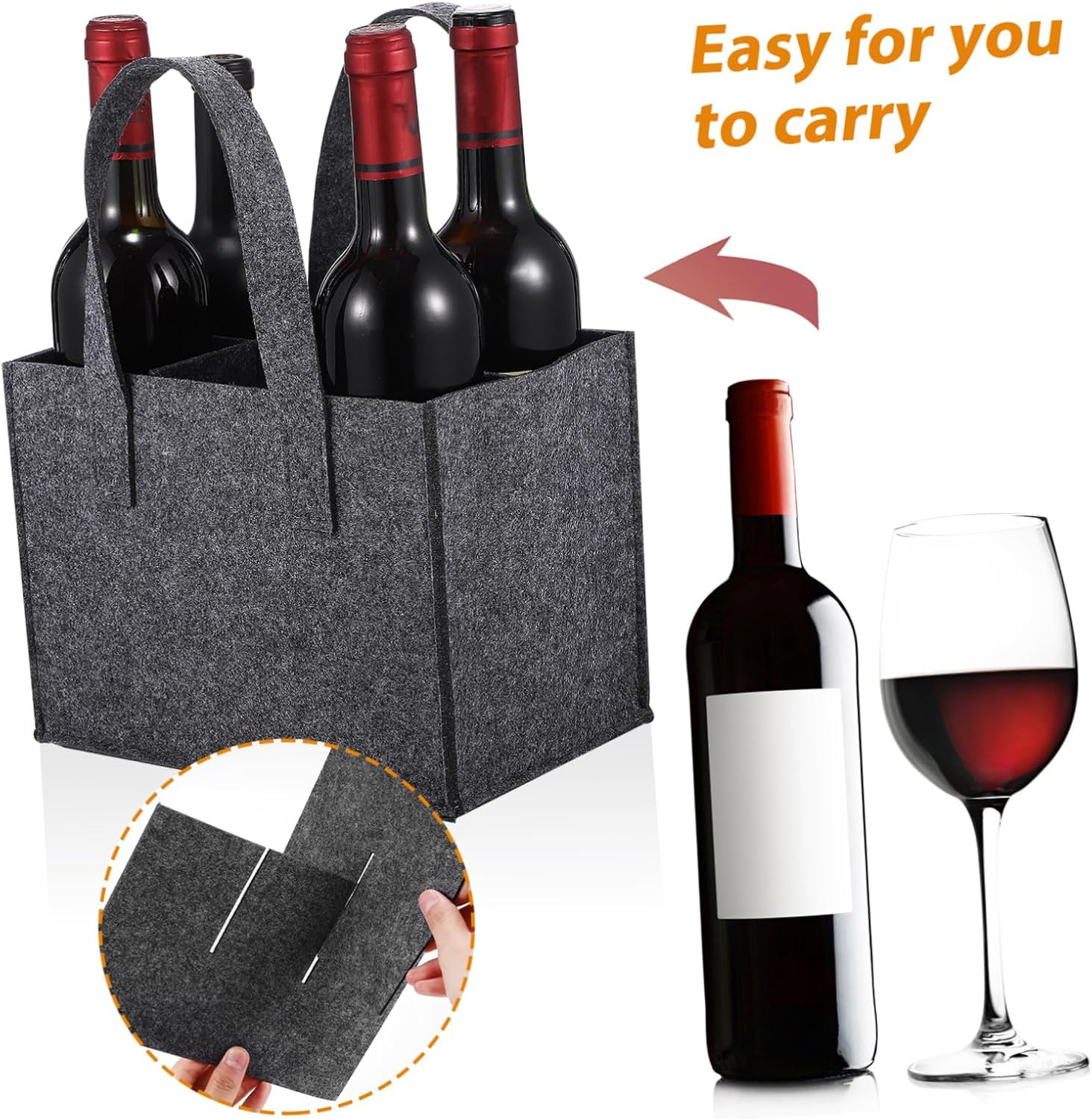 BEBEMOKO Felt Wine Carrier Bag 6-Bottle Tote Wine Handbag Thick Felt Bottle Carrier for Travel Camping Picnic 4Pcs Medium Grey image number 1