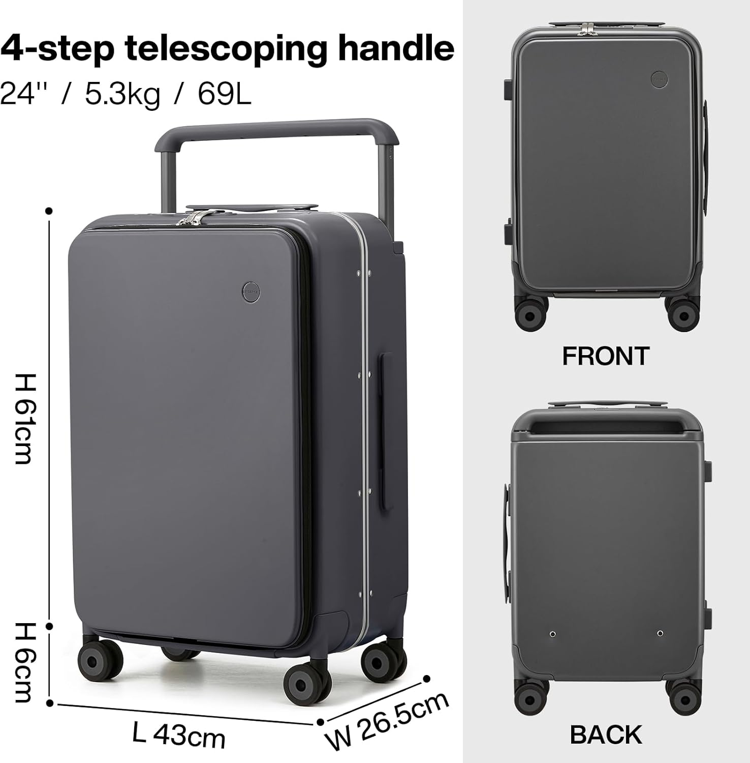 Mixi Checked Luggage with Wide Handle Front Laptop Pocket&ndash;Premium PC Hardside Suitcase with Aluminium Frame,Spinner Wheels,Combination Lock,With Cover,Ideal for Business and Travel,24 Inch,Rock Grey image number 3