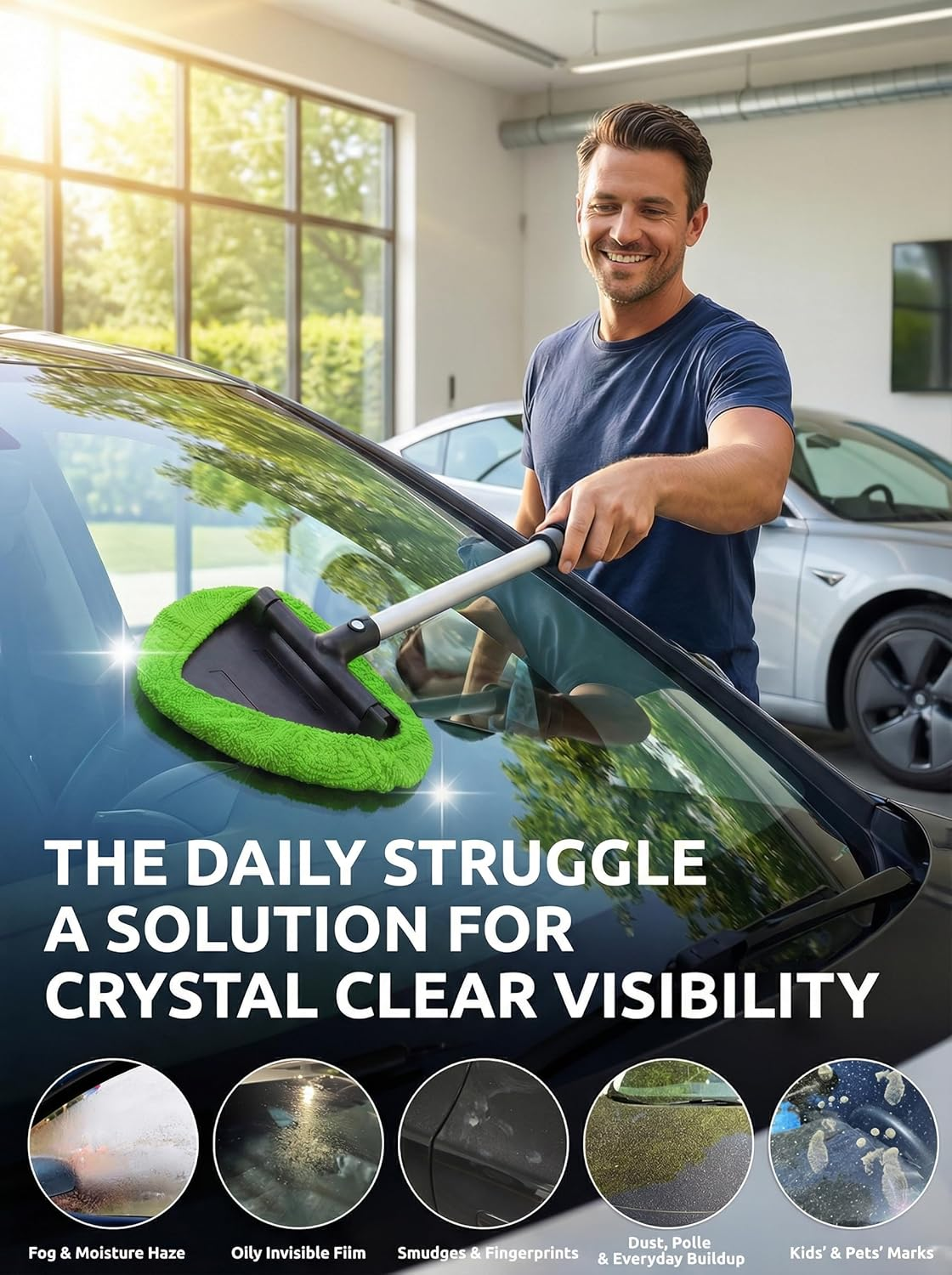 TAKAVU Car Window Cleaning Tool, Windshield Wiper Cleaner with Extendable Long-Reach Handle, 3 Washable Reusable Microfiber Bonnets, Car & Home inside Interior Exterior Use - Lint Free (Green) - Black  Green image number 4