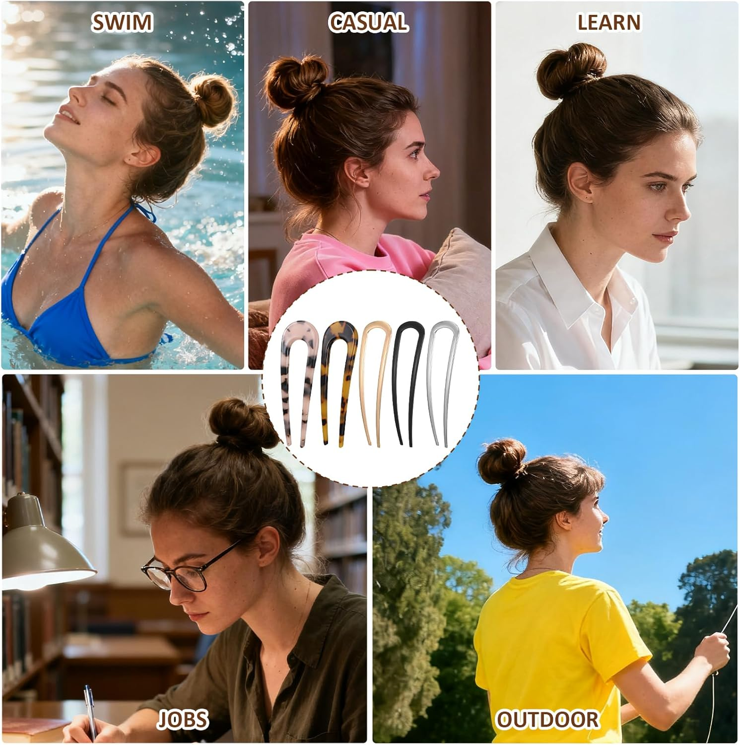 Pack of 5 French Hair Pins, U-Shaped French Hair Pins, French Twist Hairs Pin, Vintage French Hairs Pins, Hair Clips for Women Girls Hair Style (Gold, Silver, Black, Tortoiseshell) image number 4