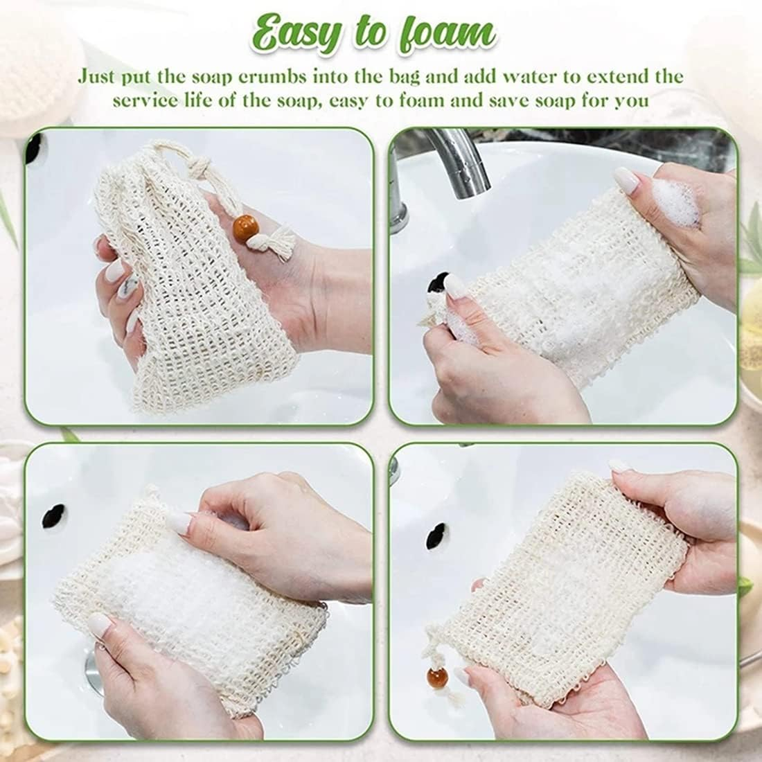 SUNCHSEN 40 Pack Soap Exfoliating Bags,Soap Saver Made Sisal Mesh Soap Bag Bar Soap Bag with Drawstring for Bath & Shower Use image number 6