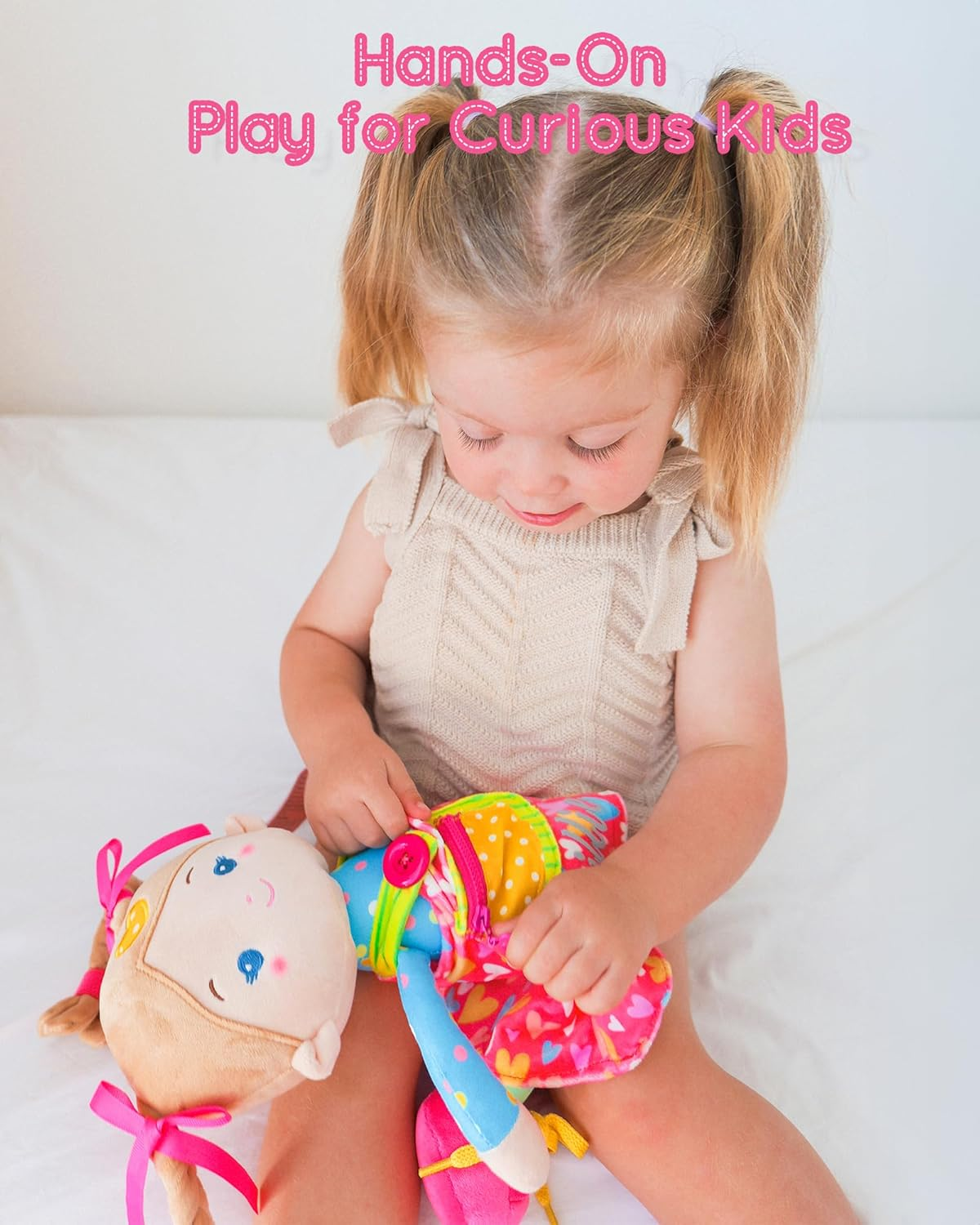 Leyadoll Educational Soft Baby Doll(16''), Learning Sensory Doll for Toddlers, Montessori Toys for 2-Year-Old Girls Christmas, Birthday Gifts, Plush Doll with Zipper, Shoelace, Button-Busy Sweetheart